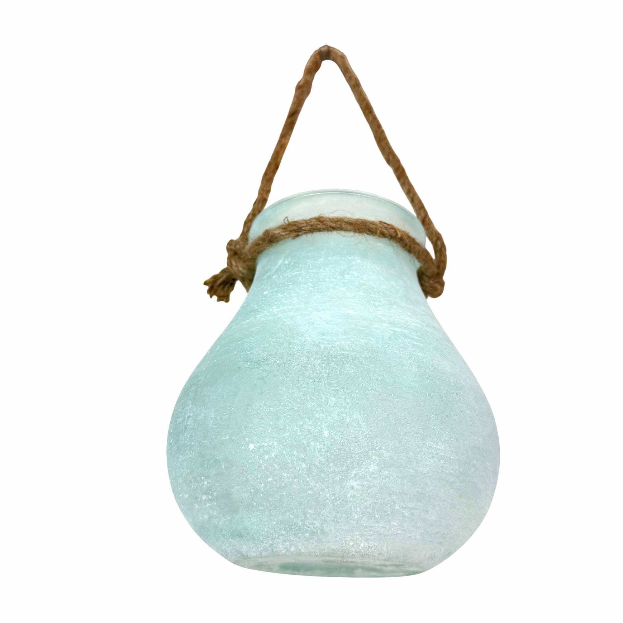 Alt View 2. India House Brass - India House Frosted Blue Glass Hanging Candle Lantern with Rope Handle, 15 In - Blue.