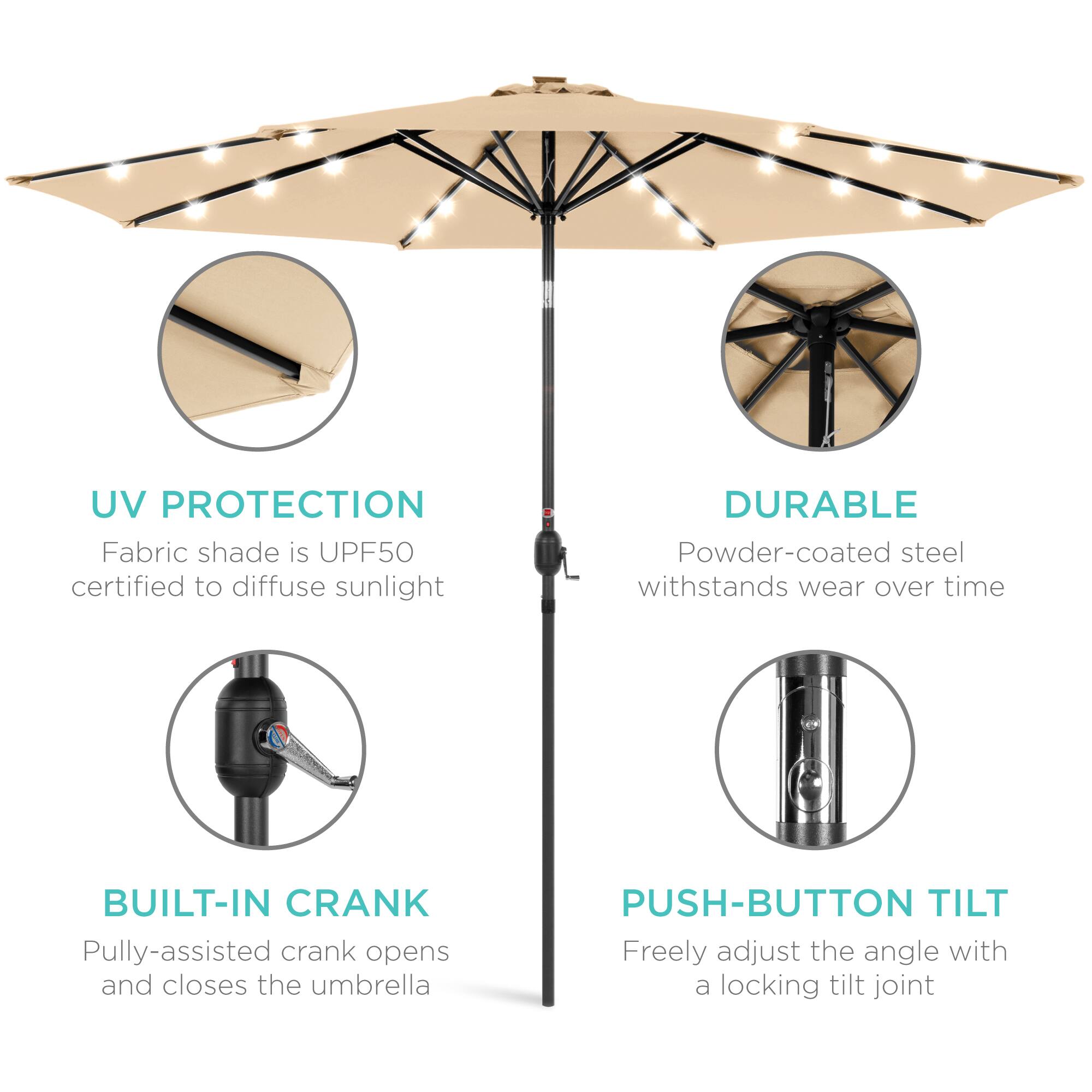 UV Protection: Fabric shade is UPF50 certified to diffuse sunlight.  
Durable: Powder-coated steel withstands wear over time.  
Built-in Crank: Pulley-assisted crank opens and closes the umbrella.  
Push-button Tilt: Freely adjust the angle with a locking tilt joint.