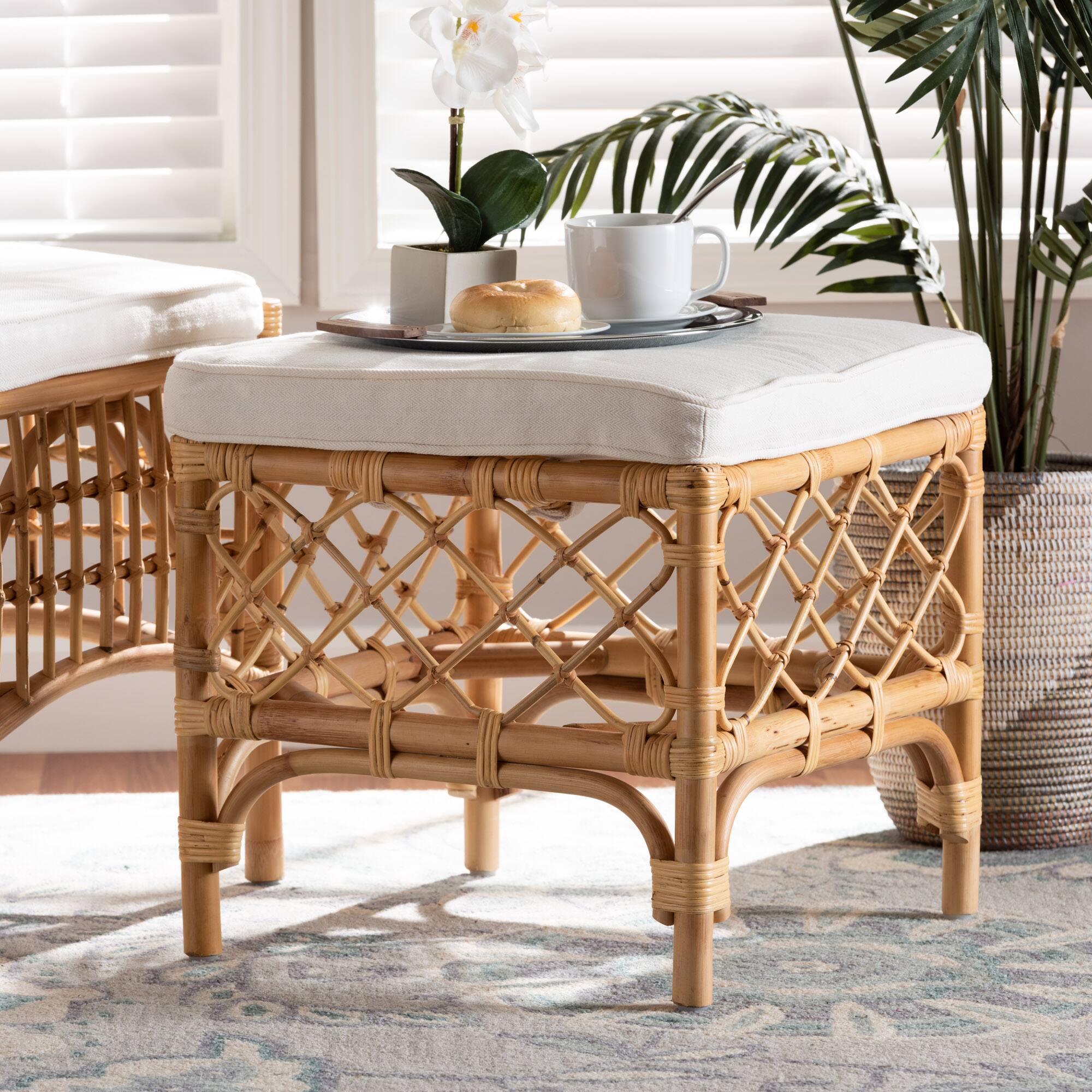 Alt View 1. bali & pari - Orchard Modern Bohemian Fabric Upholstered and Natural Brown Rattan Ottoman - White/Natural Brown.
