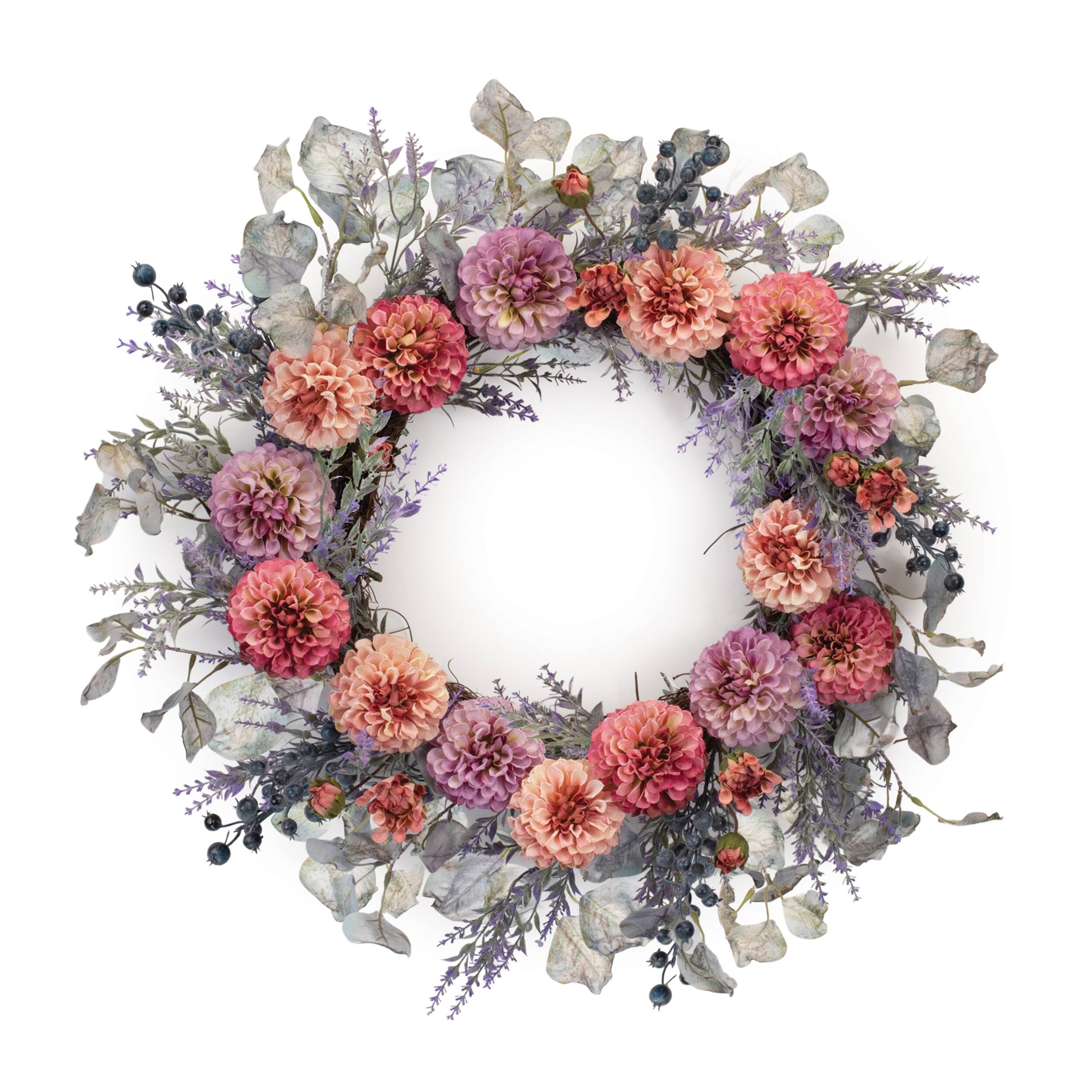 Angle. BreeBe - Mixed Zinnia Floral Wreath 24"D - Purple, Pink, Green.