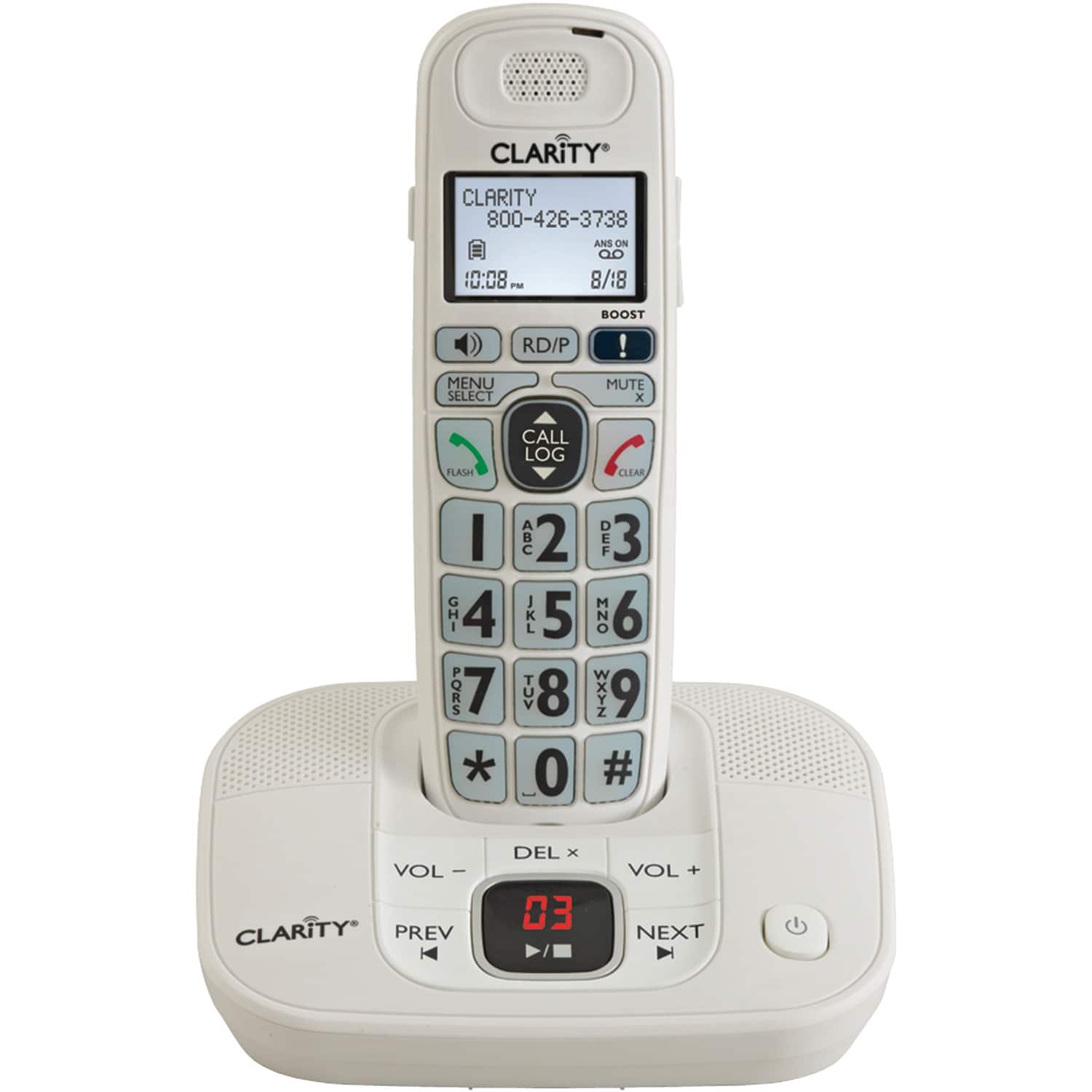 Clarity - 1-Cordless Handset DECT 6.0 40-dB Amplified Expandable Phone System for Landlines, Answering System, Big Buttons - White