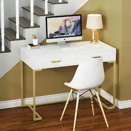 APRILSOUL - 40in White and Gold Computer Desk with 2 Drawers Modern Office Desk Compact Writing Table Metal Frame Minimalist Style - White+Gold