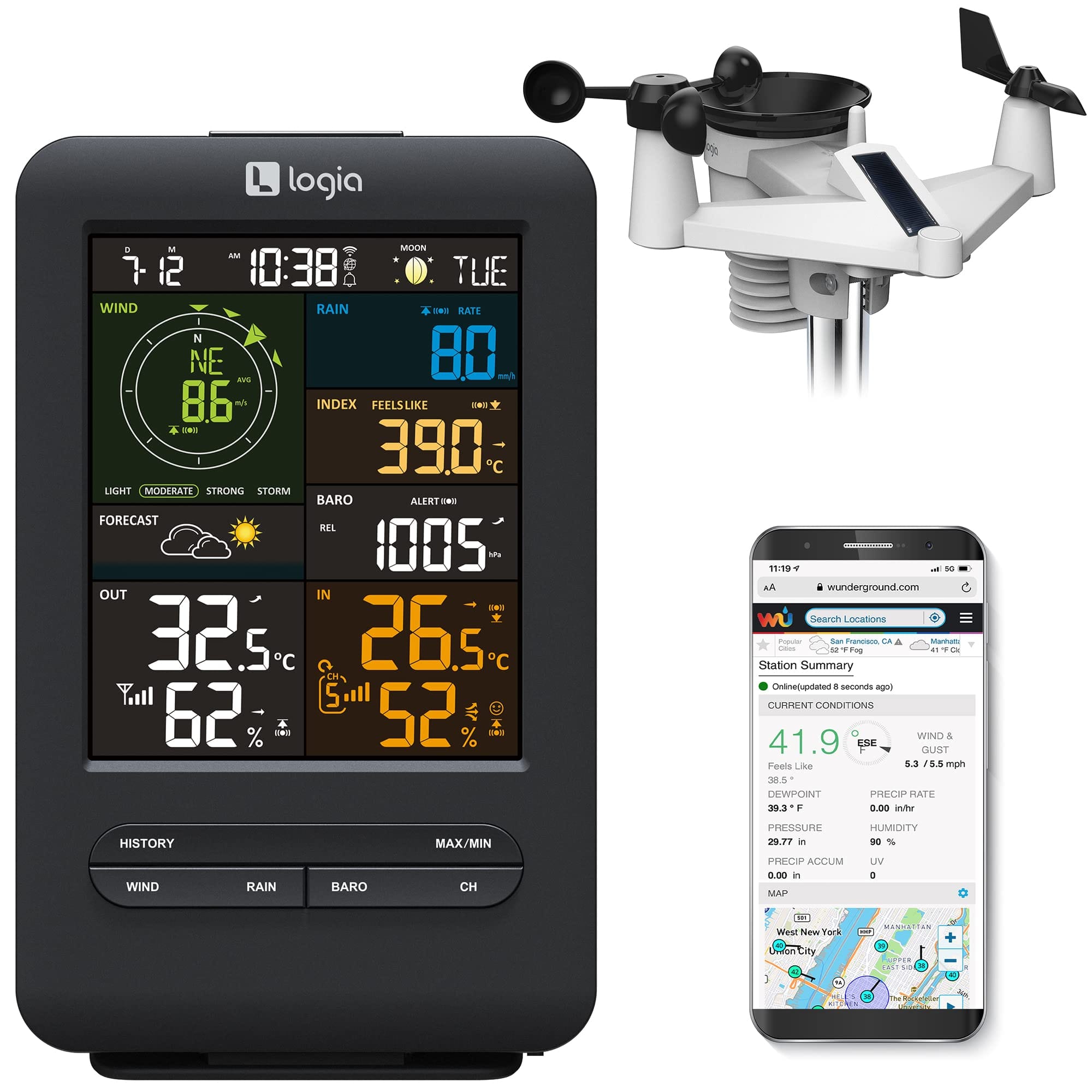 Logia - 5-in-1 Wi-Fi Weather Station with Solar, Alarms and More, Indoor/Outdoor Weather Station - Black