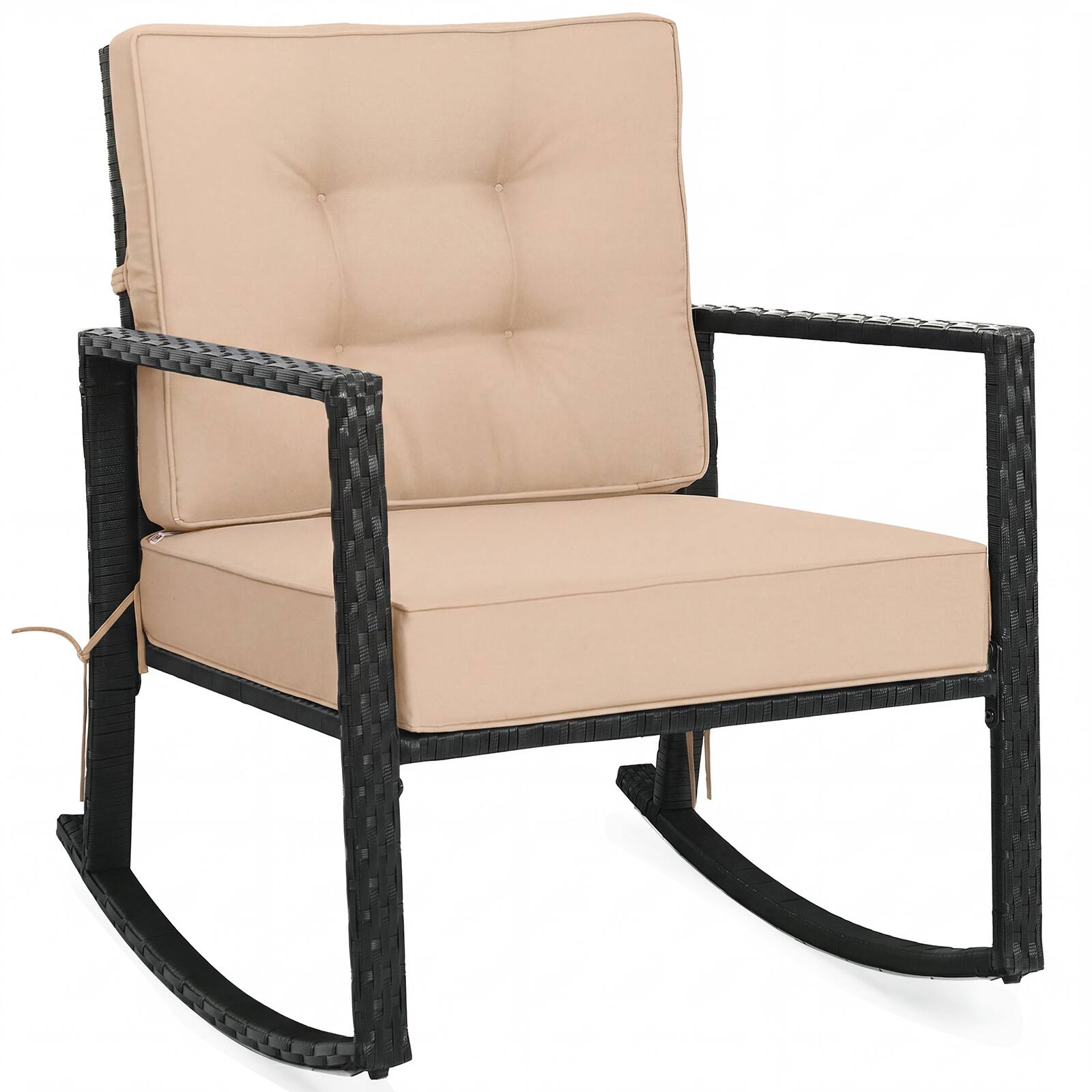 Front. Costway - Costway Patio Rattan Rocker Chair Outdoor Glider Rocking Chair Cushion Lawn - Black+Beige.