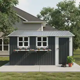 Anysun - 12x10 FT Outdoor Metal Storage Shed with 3 Clear Windows & Decorative Flower Rack – Lockable Single Door, Heavy Duty - Coal Gray