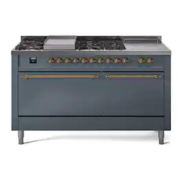 ILVE - Nostalgie II 60 inch Dual Fuel Range with 7 Burners + Griddle (Liquid Propane, Blue Grey, Brass Trim) - Blue Grey