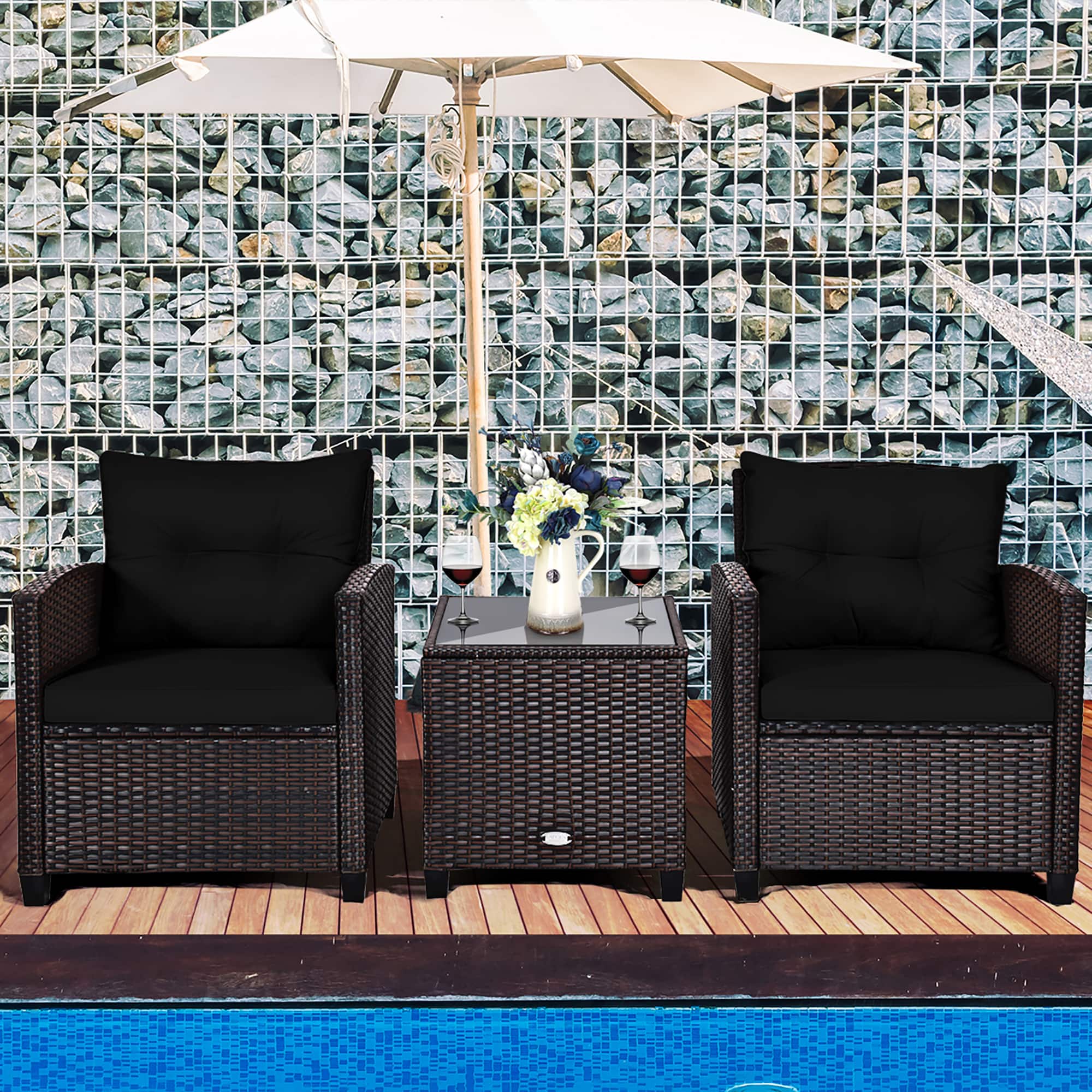Alt View 1. Costway - 3PCS Patio Rattan Furniture Set Cushion Conversation Set Sofa Coffee Table - Black.