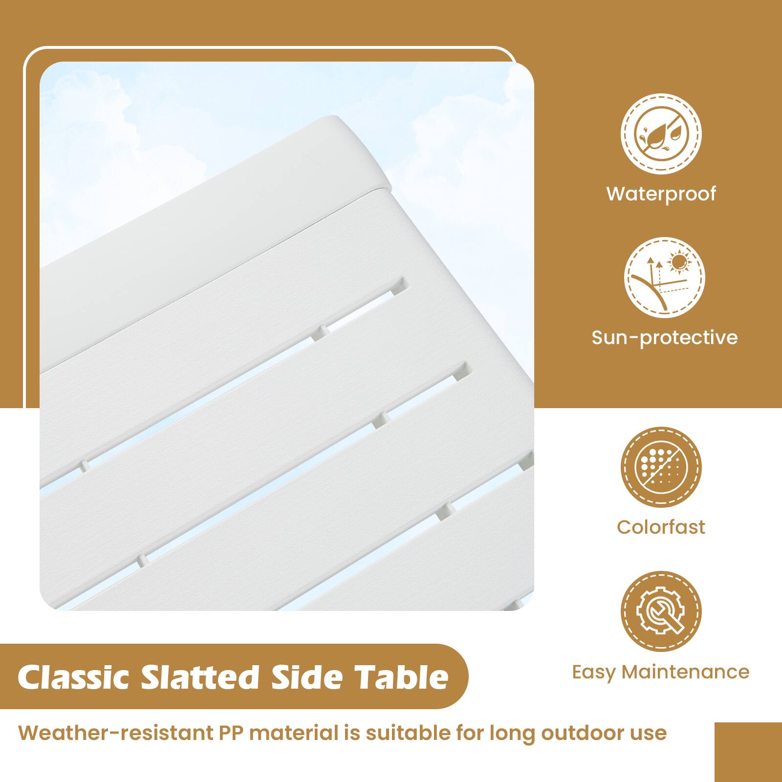 The text on the image is grouped and corrected as follows:

"Classic Slatted Side Table - Easy Maintenance - Weather-resistant PP material is suitable for long outdoor use - Waterproof - Sun-protective - Colorfast."