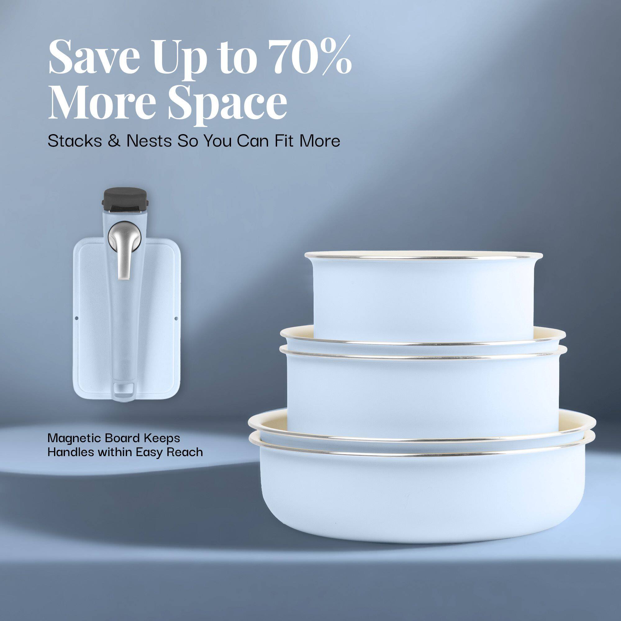 Save Up to 70% More Space, Stacks & Nests So You Can Fit More, Magnetic Board Keeps Handles within Easy Reach