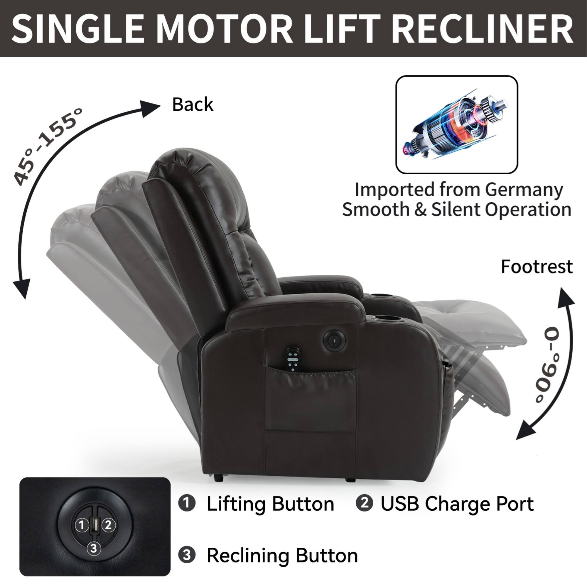 SINGLE MOTOR LIFT RECLINER

- Back: 45°-155°
- Imported from Germany
- Smooth & Silent Operation
- Footrest: 0°-60°

1. Lifting Button
2. USB Charge Port
3. Reclining Button
