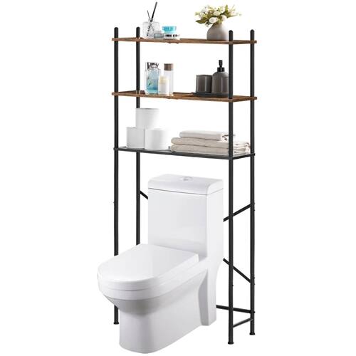 Back. SlickBlue - Industrial Over Toilet Freestanding Bathroom Storage Unit with Wood Shelves - Black, Rustic Brown.
