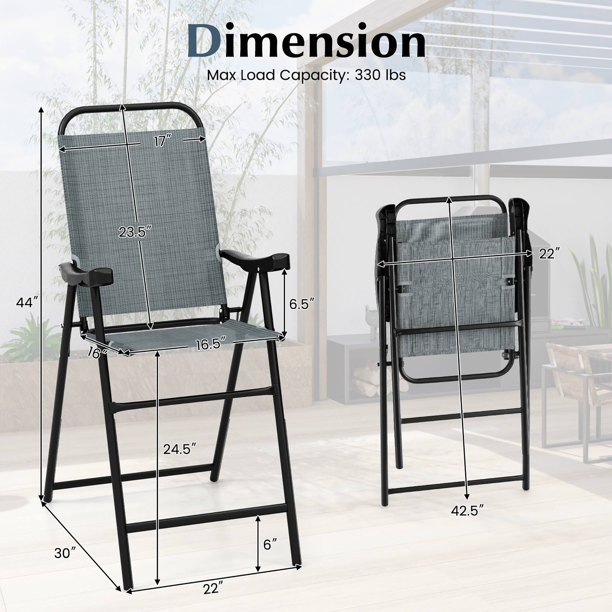 Dimension: Max Load Capacity: 330 lbs  
17" x 23.5" x 22"  
44" x 6.5" x 16"  
16.5" x 24.5" x 42.5"  
30" x 6" x 22"