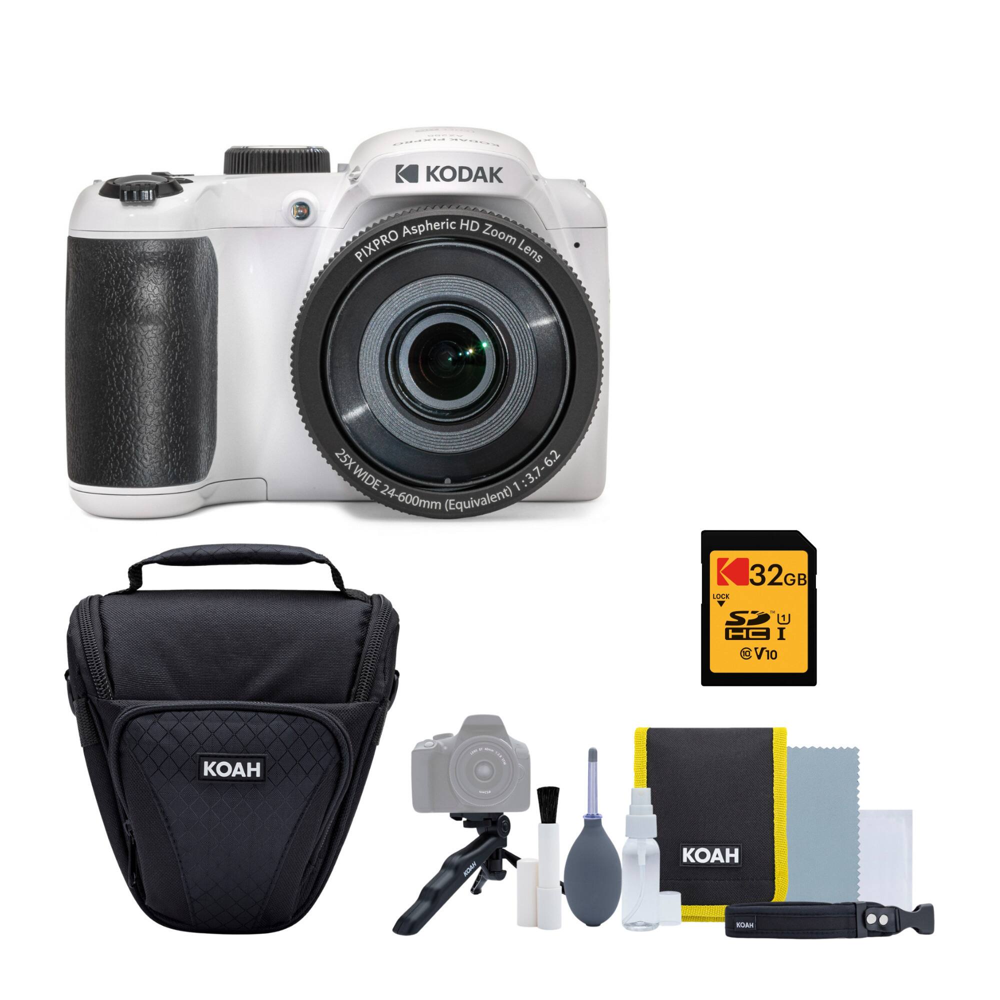 The image features a Kodak camera with a lens, a memory card, and a camera bag. The camera is a Kodak Pixpro Zoom Lens with a 25x zoom and a 6.2 wide-angle lens. The memory card is a 32GB Kodak SD card, which is compatible with the camera. The camera bag is designed to protect the camera and its accessories when not in use.