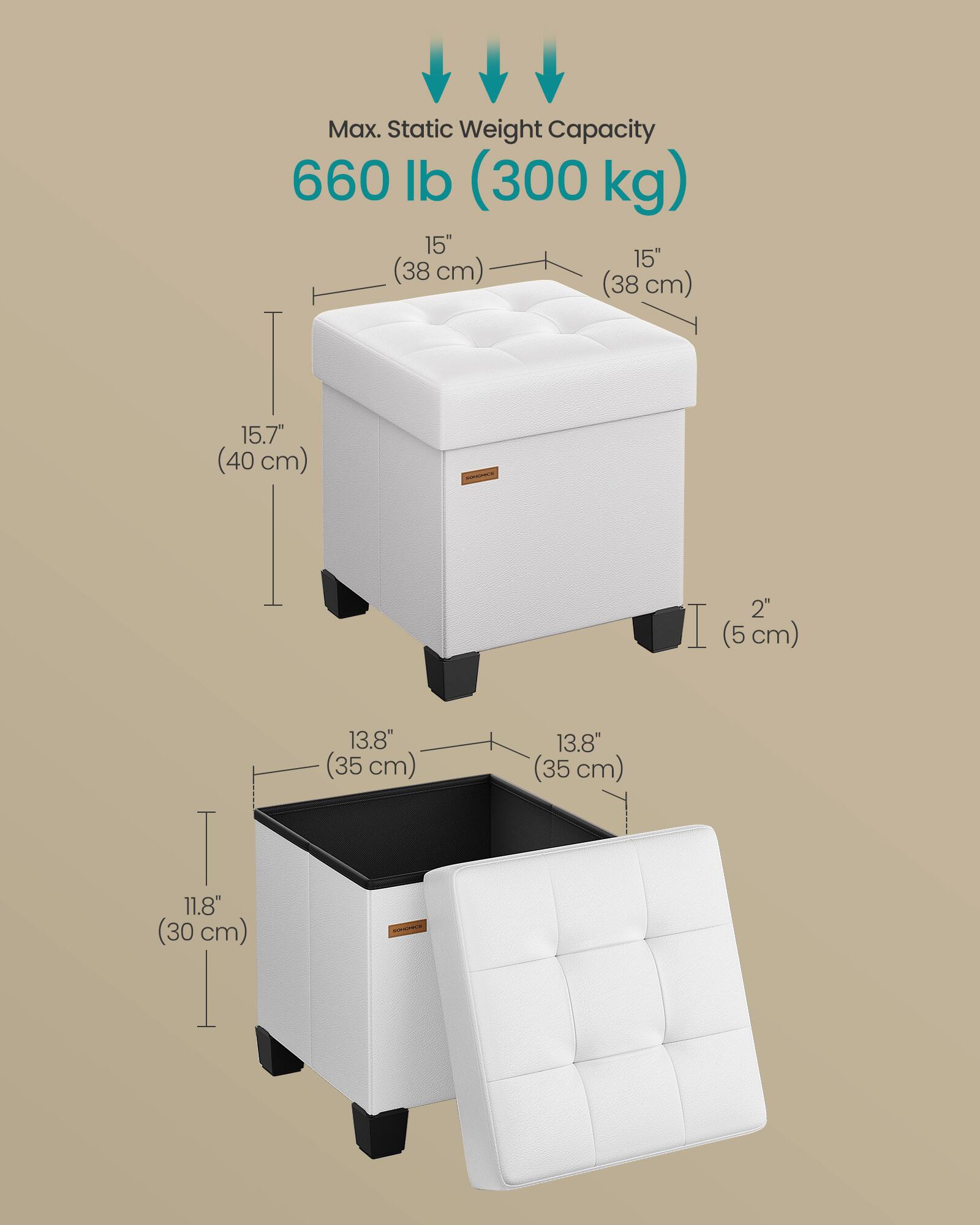 Max. Static Weight Capacity 660 lb (300 kg)  
15" (38 cm)  
15.7" (40 cm)  
2" (5 cm)  
11.8" (30 cm)  
13.8" (35 cm)