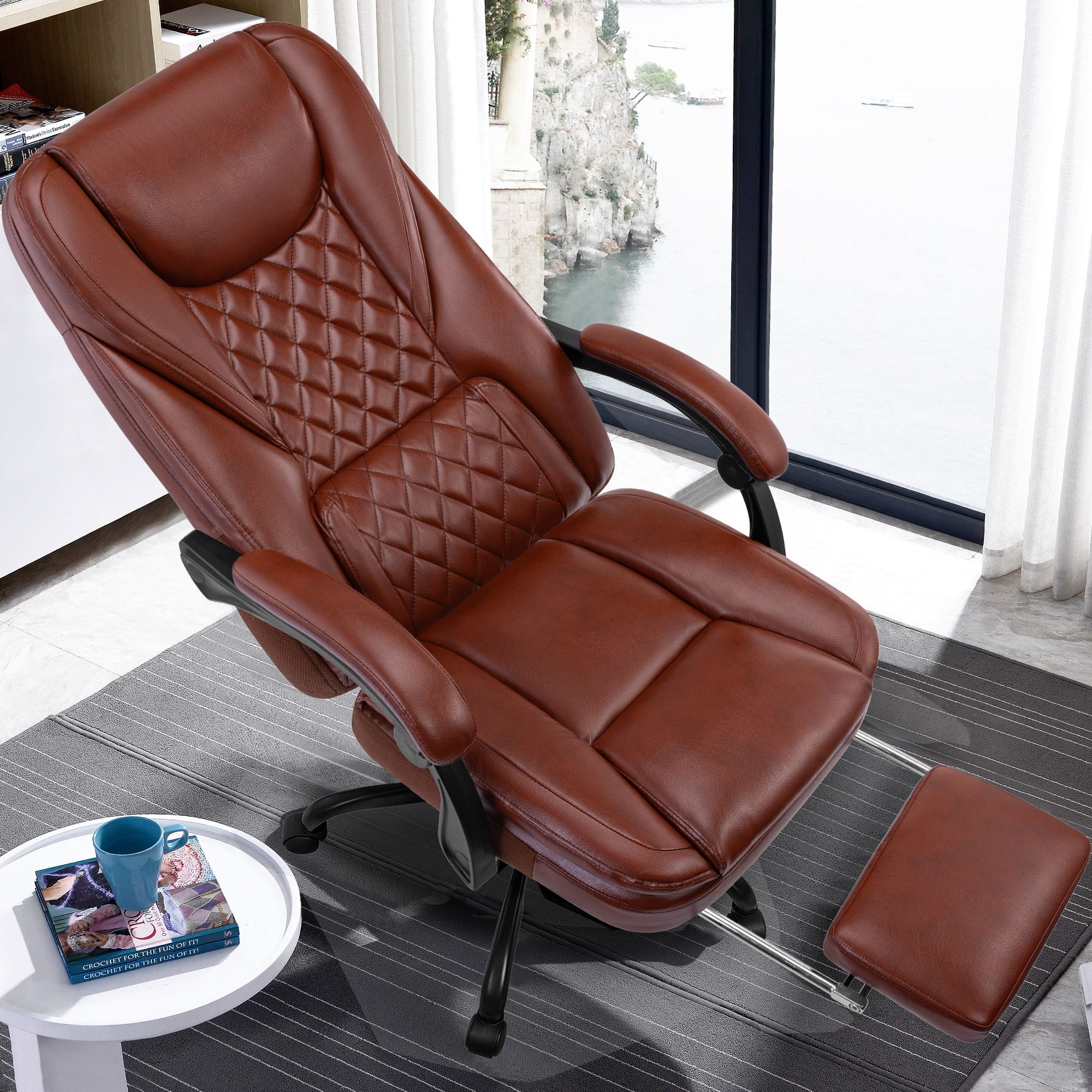 Brick Attic - High-Back Genuine Leather Executive Office Chair, Reclined, with Wumbar Support and Footrest, 300 lbs Weight Capacity - VintageBrown