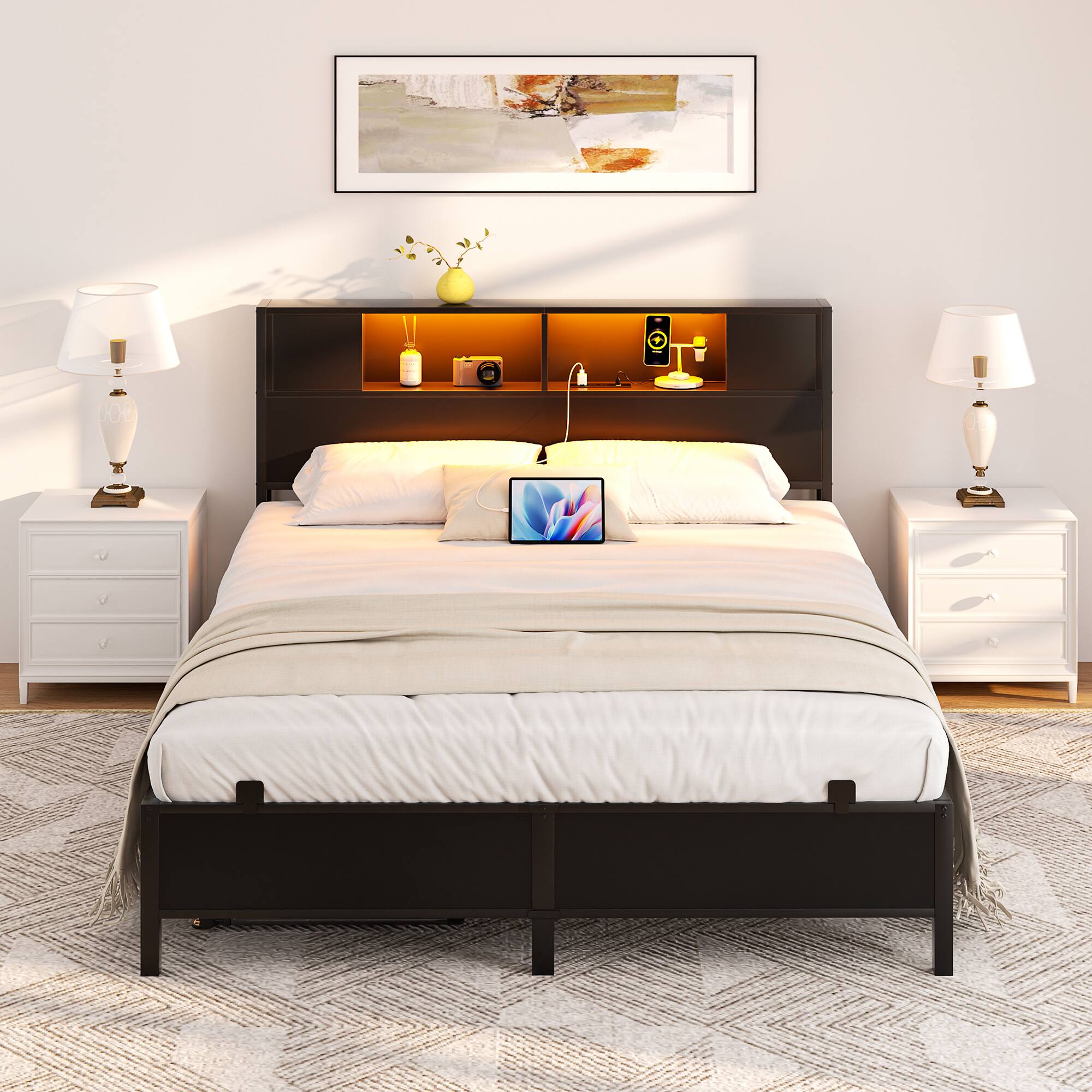 Aheaplus - Industrial Metal Bed Frame: Storage Headboard / Charging, LED Lights, Steel Slats, No Box Spring, Easy Assembly - Black