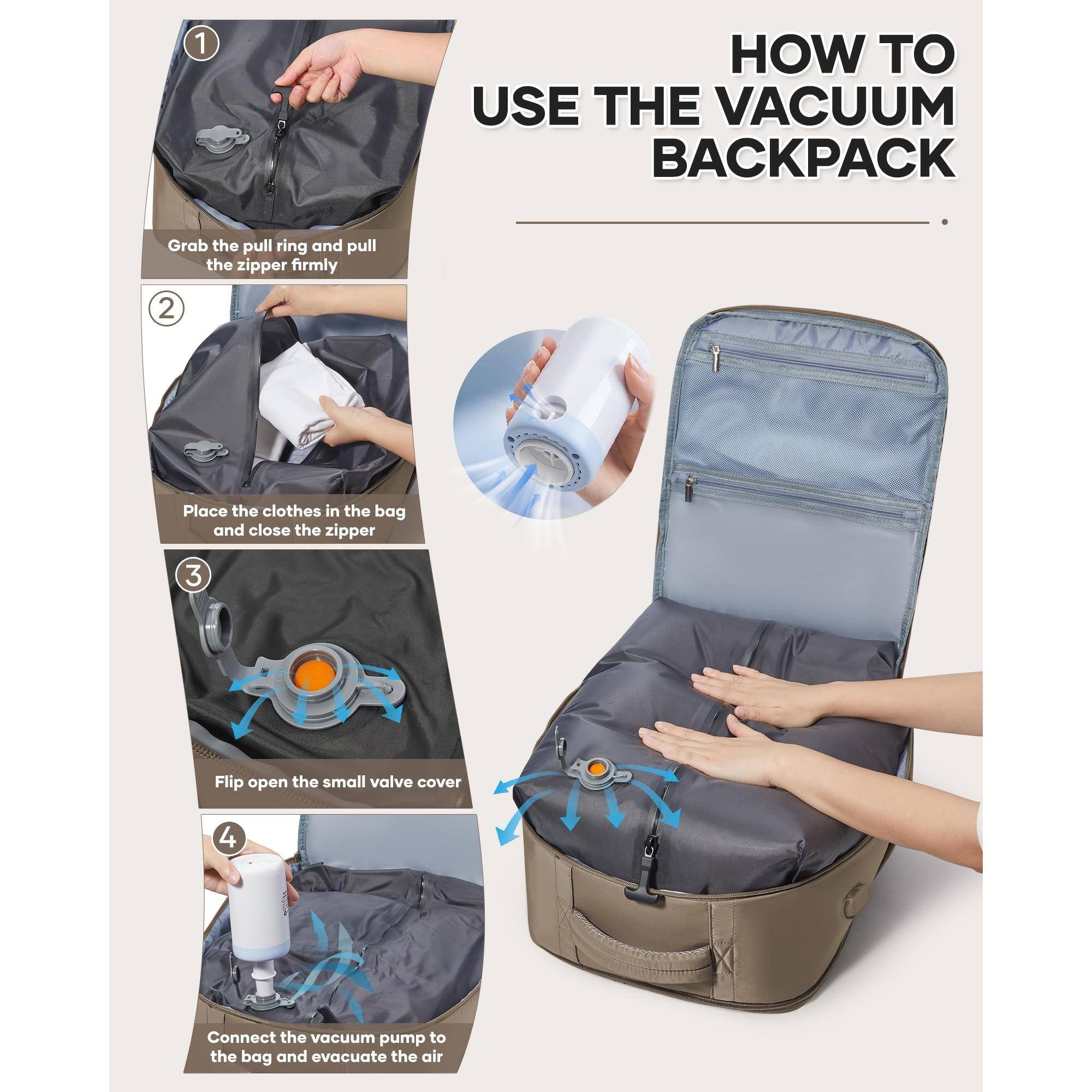 1. Grab the pull ring and pull the zipper firmly.
2. Place the clothes in the bag and close the zipper.
3. Flip open the small valve cover.
4. Connect the vacuum pump to the bag and evacuate the air.