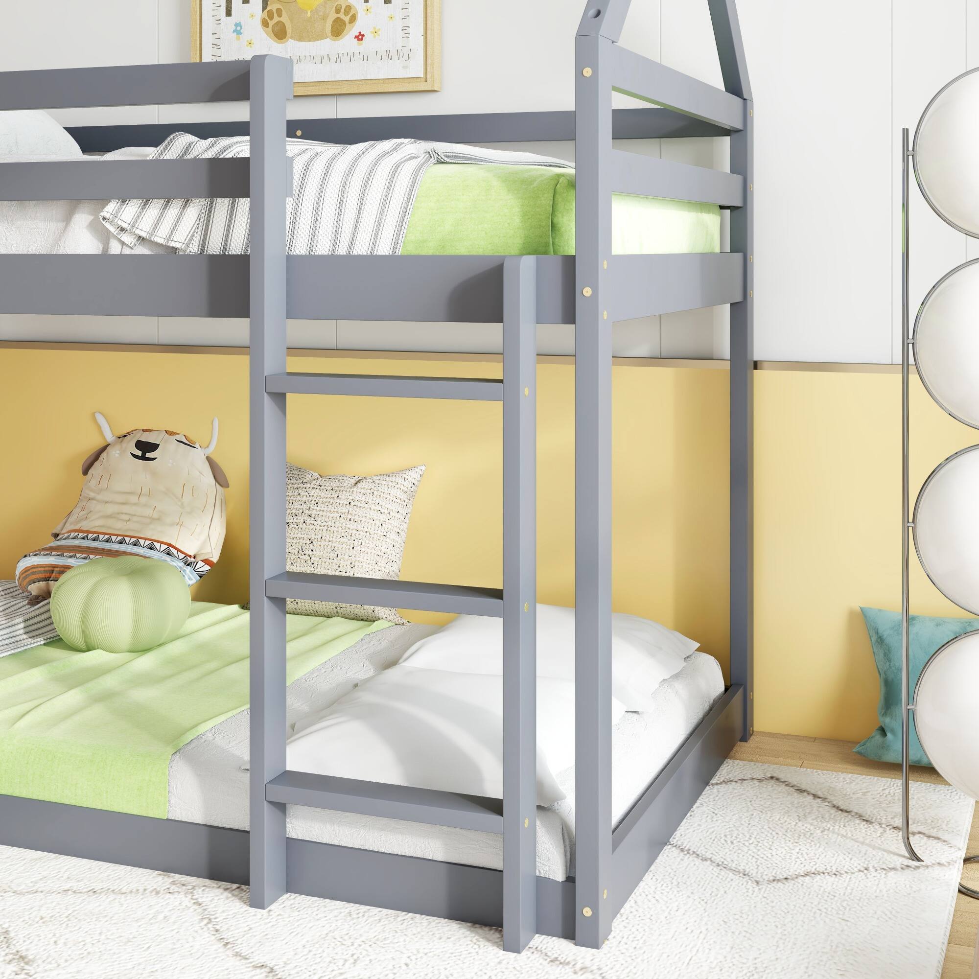 Alt View 7. GOODSILO - House-Shaped Twin Over Twin Rubber Wood Bunk Bed with Ladder and Guardrails for Kids - Grey.