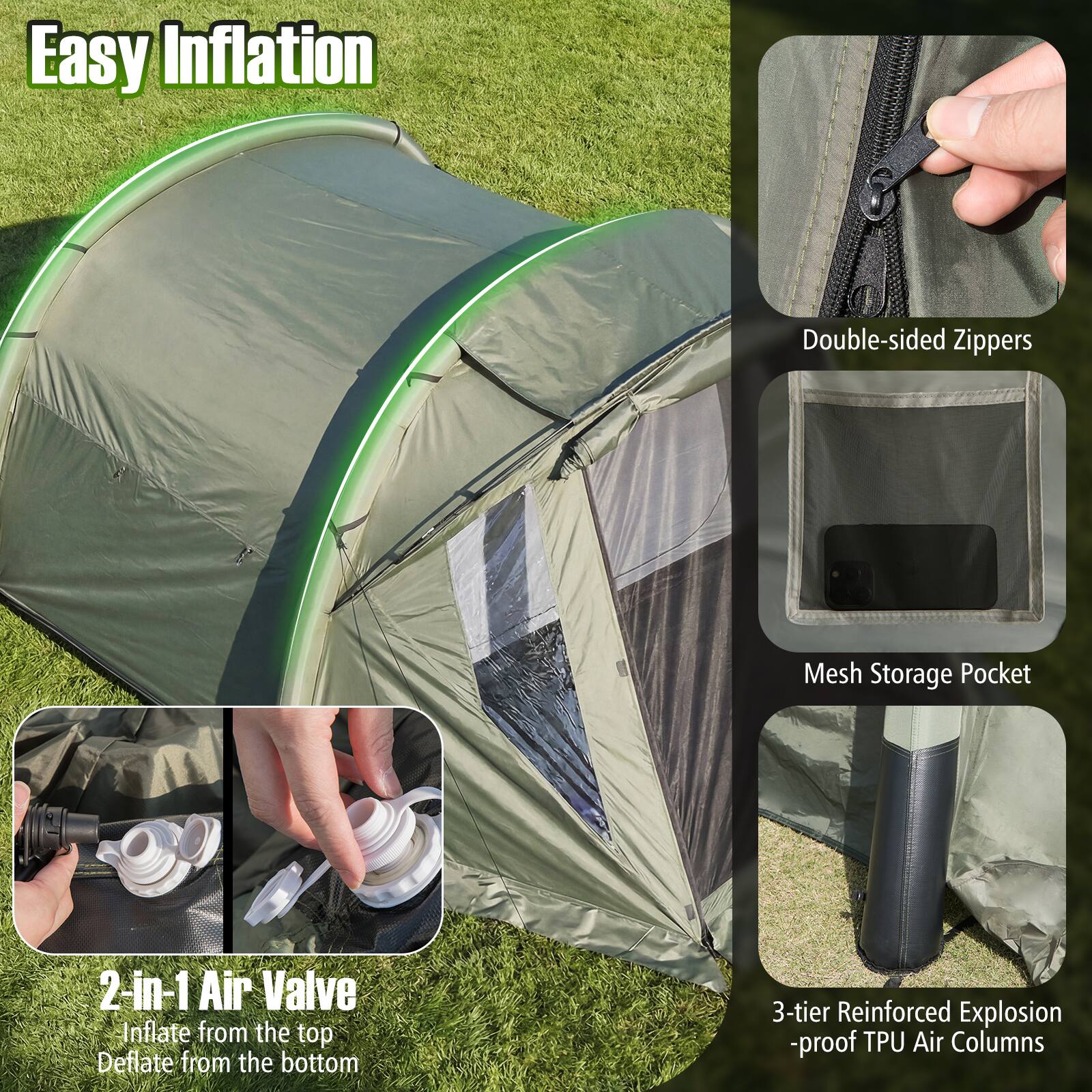 Easy Inflation

- Double-sided Zippers
- Mesh Storage Pocket
- 2-in-1 Air Valve
  - Inflate from the top
  - Deflate from the bottom
- 3-tier Reinforced Explosion-proof TPU Air Columns