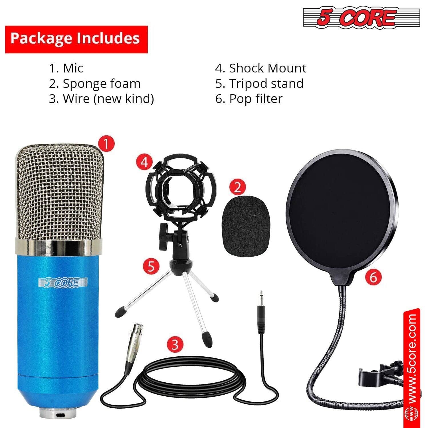 1. Mic
2. Sponge foam
3. Wire (new kind)
4. Shock Mount
5. Tripod stand
6. Pop filter

1 4 2 5 3 6 www.5core.com www