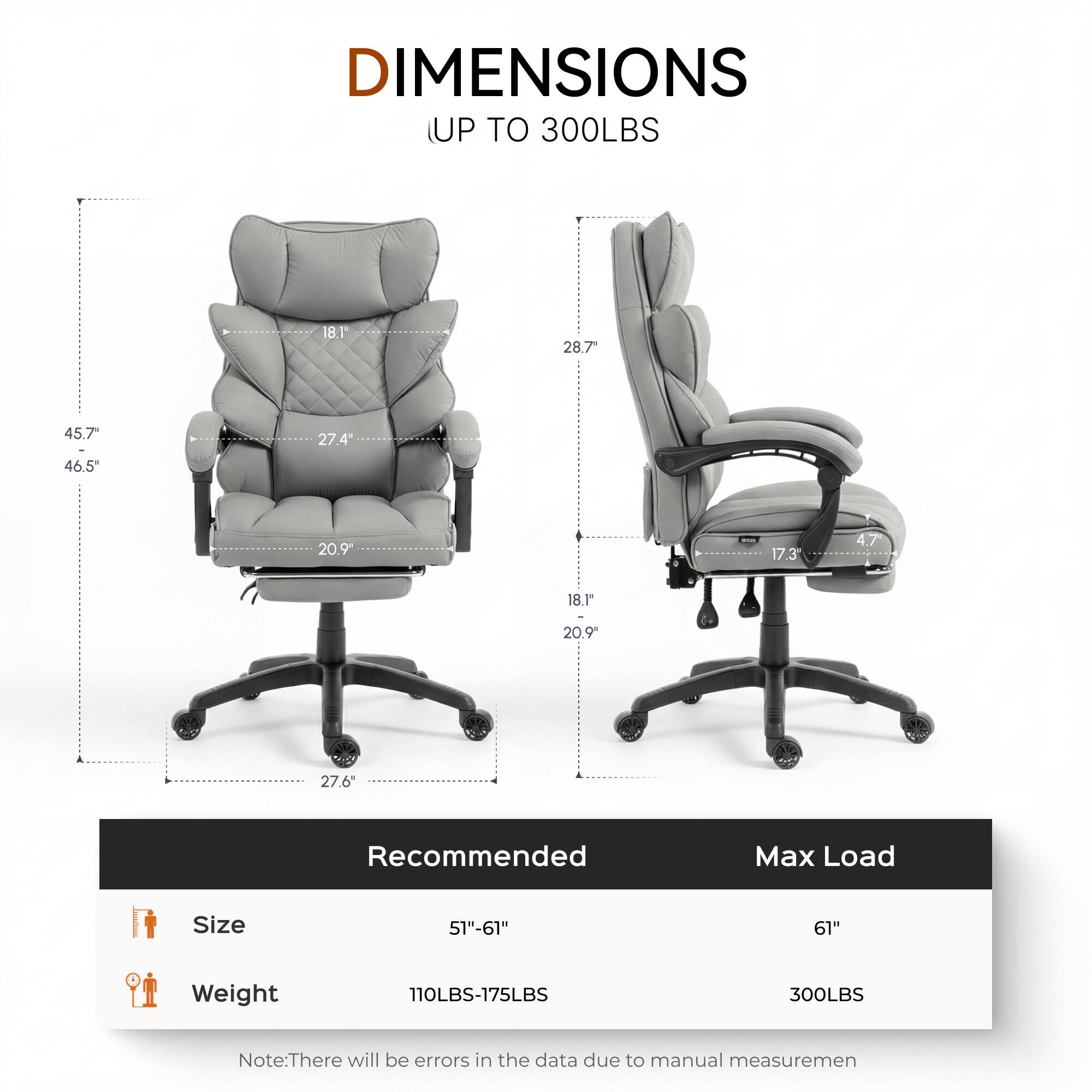DIMENSIONS UP TO 300LBS

18.1" 28.7" 45.7" 46.5" 27.4" 20.9" 17.3" 4.7" 18.1" 20.9" 27.6"

Recommended Max Load Size
51"-61" 61"

Weight
110LBS-175LBS 300LBS

Note: There will be errors in the data due to manual measurement