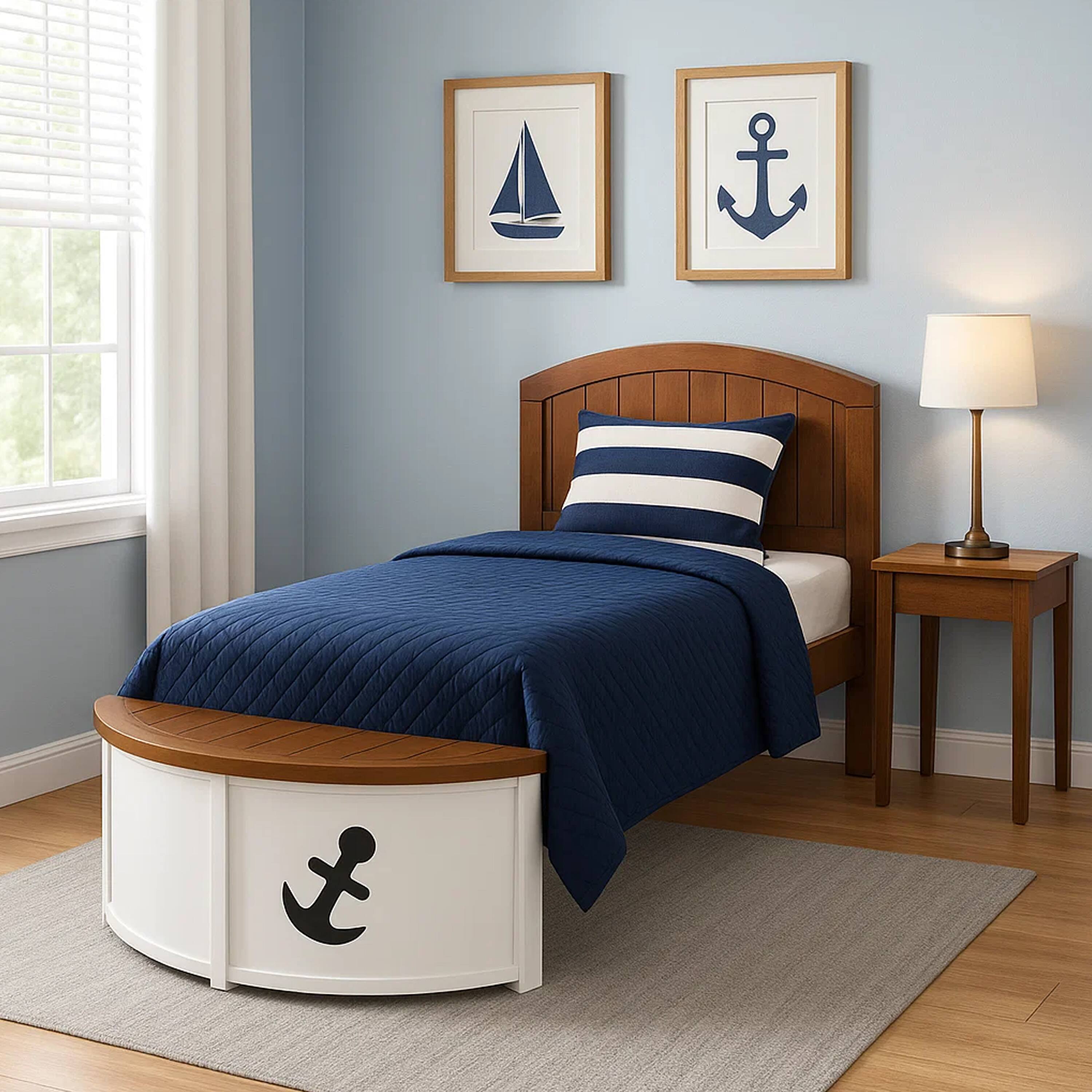 Alt View 5. Manhattan Lane - Evon Captain Twin Bed, Built-In Storage, Boat Design - White, Oak Brown.