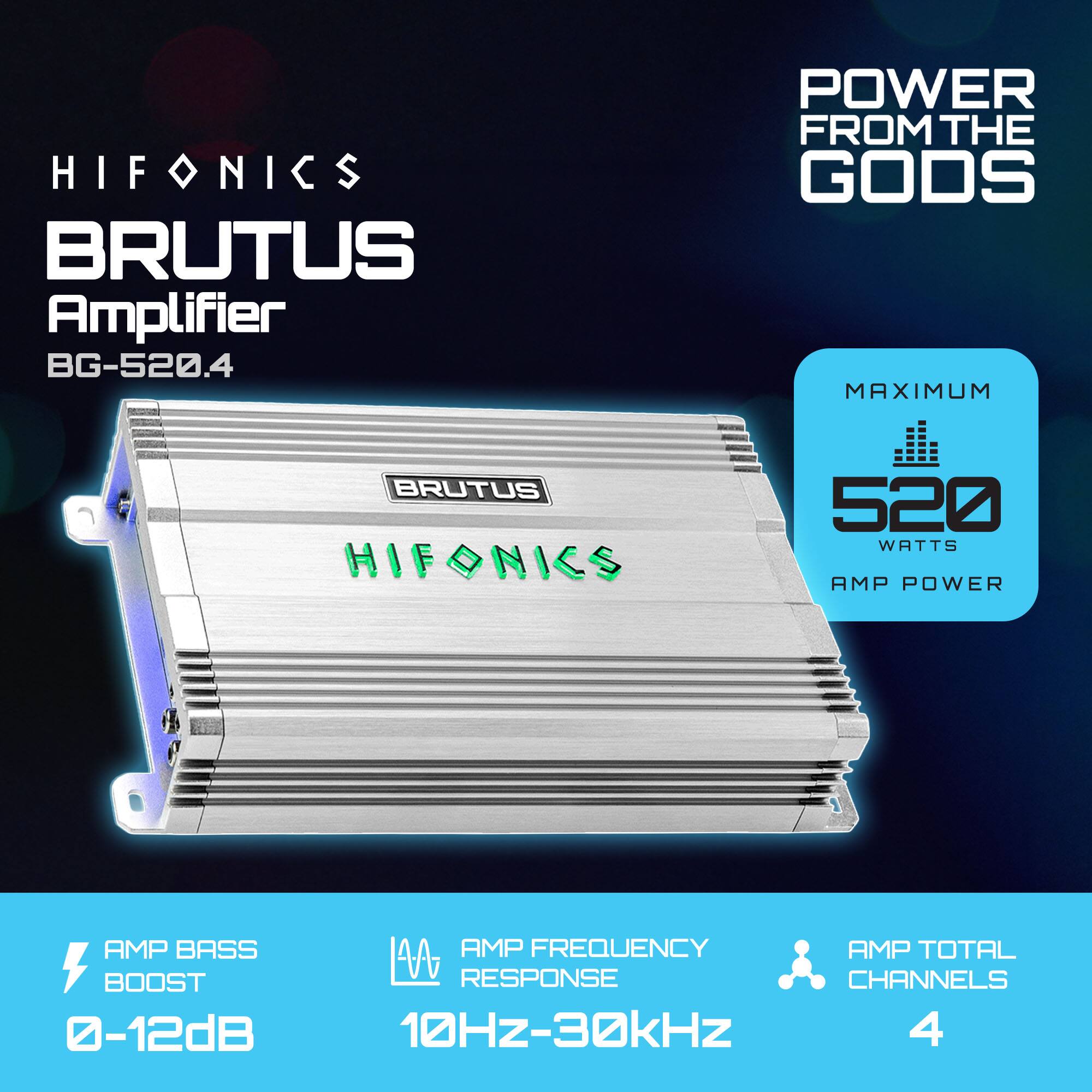 HIFONICS BRUTUS Amplifier BG-520.4  
POWER FROM THE GODS  
MAXIMUM 520 WATTS AMP POWER  
AMP BASS BOOST 0-12dB  
AMP FREQUENCY RESPONSE 10Hz-30kHz  
AMP TOTAL CHANNELS 4