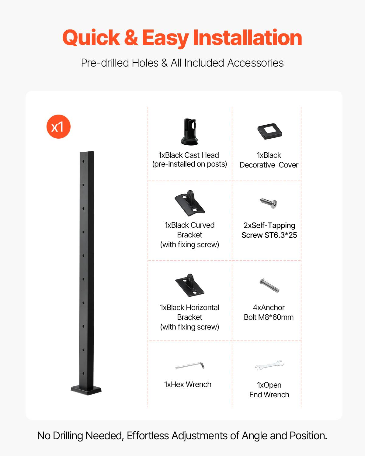 Quick & Easy Installation  
Pre-drilled Holes & All Included Accessories  

- 1x Black Cast Head (pre-installed on posts)  
- 1x Black Decorative Cover  
- 1x Black Curved Bracket (with fixing screw)  
- 2x Self-Tapping Screw ST6.3*25  
- 1x Black Horizontal Bracket (with fixing screw)  
- 4x Anchor Bolt M8*60mm  
- 1x Hex Wrench  
- 1x Open End Wrench  

No Drilling Needed, Effortless Adjustments of Angle and Position.
