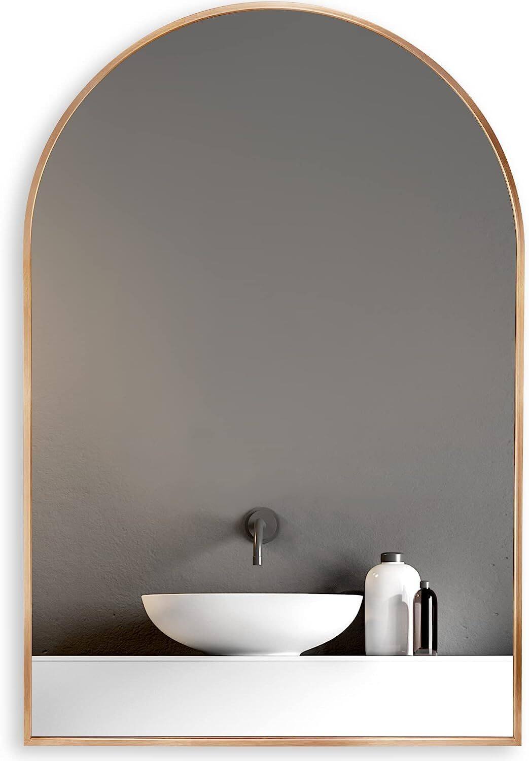 Front. BreeBe - 20x30 Inch Gold Metal Framed Arched Bathrrom Mirror for Wall. - Gold.