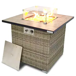 SereneLife - Propane Fire Pit Table, 50,000 BTU, Sturdy Wicker Base, Glass Wind Guard & Cover - SLFPX45 - Black