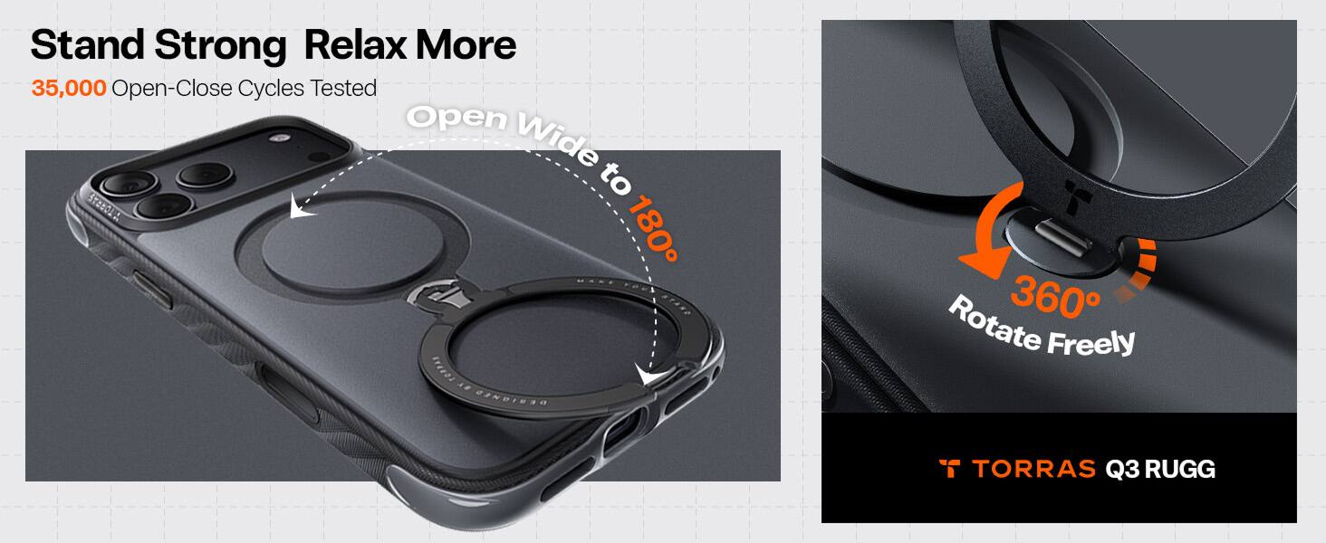 Stand Strong Relax More  
35,000 Open-Close Cycles Tested  
Open Wide to 180°  
Rotate 360° Freely  
TORRAS Q3 RUGG