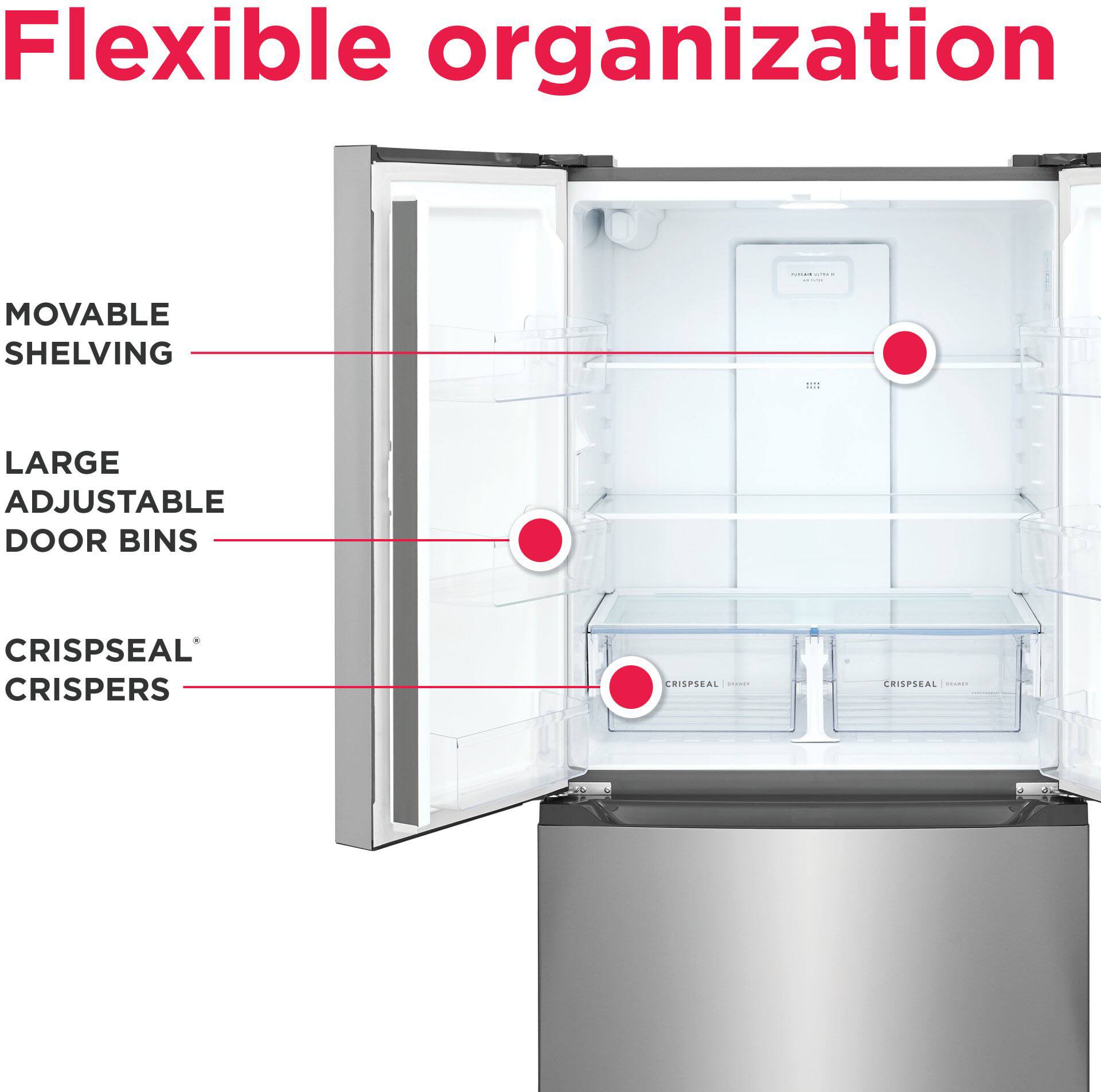 Flexible organization

- Movable shelving
- Large adjustable door bins
- Crispseal crisper