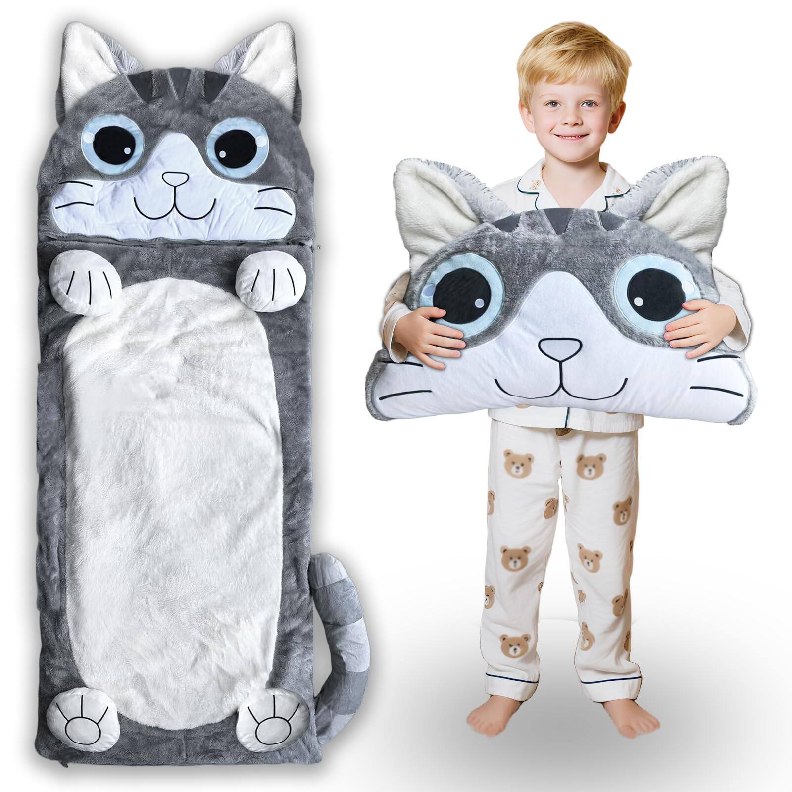 Skar Audio - Sleeping Bag With Pillow Larger Nap Mat Plush Slumber For Birthday Gift Travel Sleepover Ages - Cat