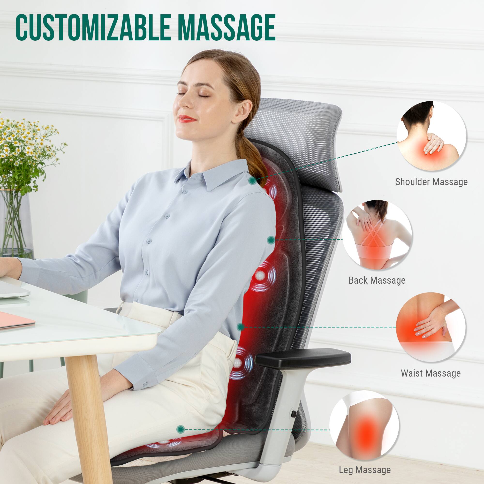 The text in the image can be grouped and corrected as follows:

- **Customizable Massage**
  - Shoulder Massage
  - Back Massage
  - Waist Massage
  - Leg Massage