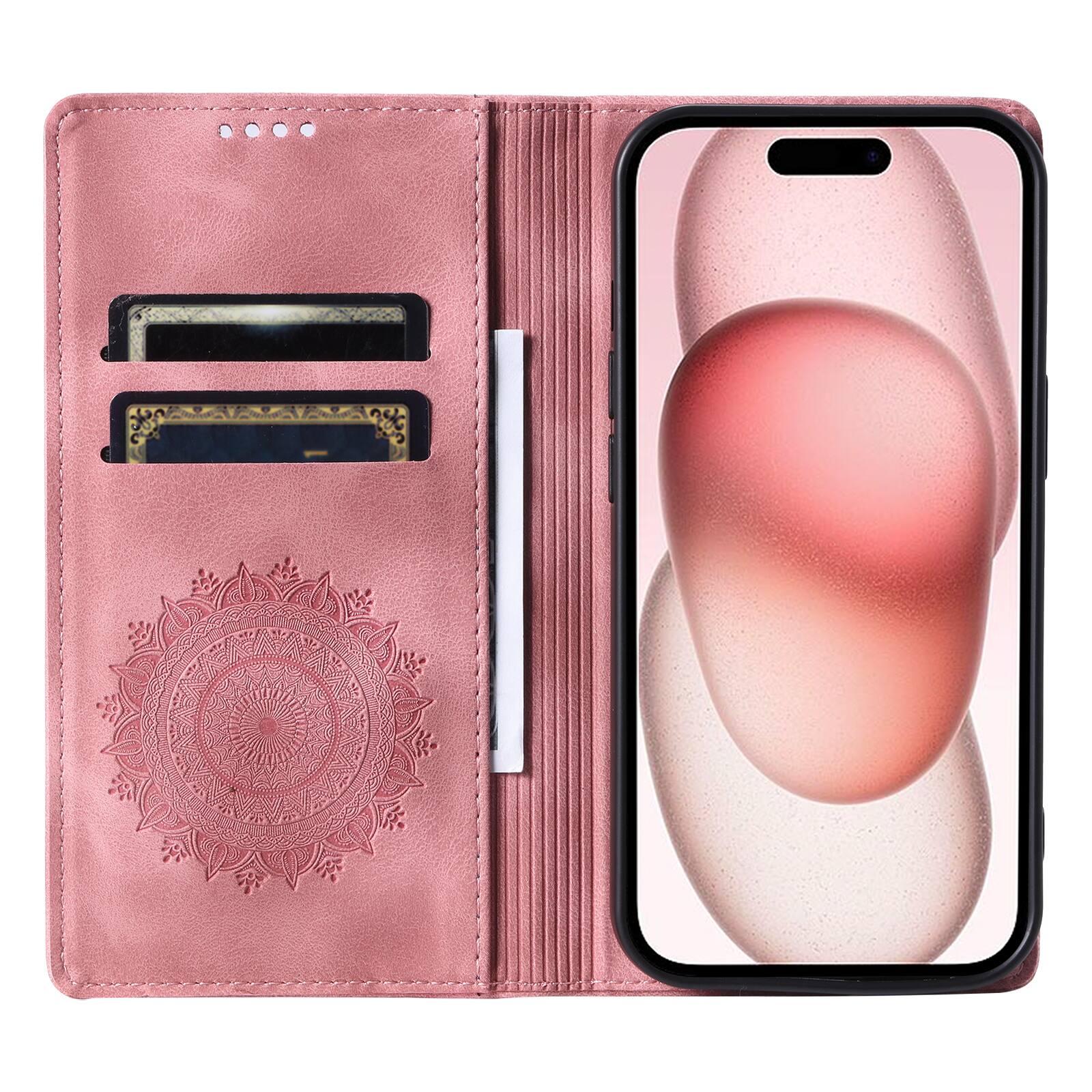 Left. Dteck - Magnetic Wallet Case For Apple iPhone 18 Pro Max, Shockproof Embossed Card Cash Pocket Stand PU Leather Cover - Pink.