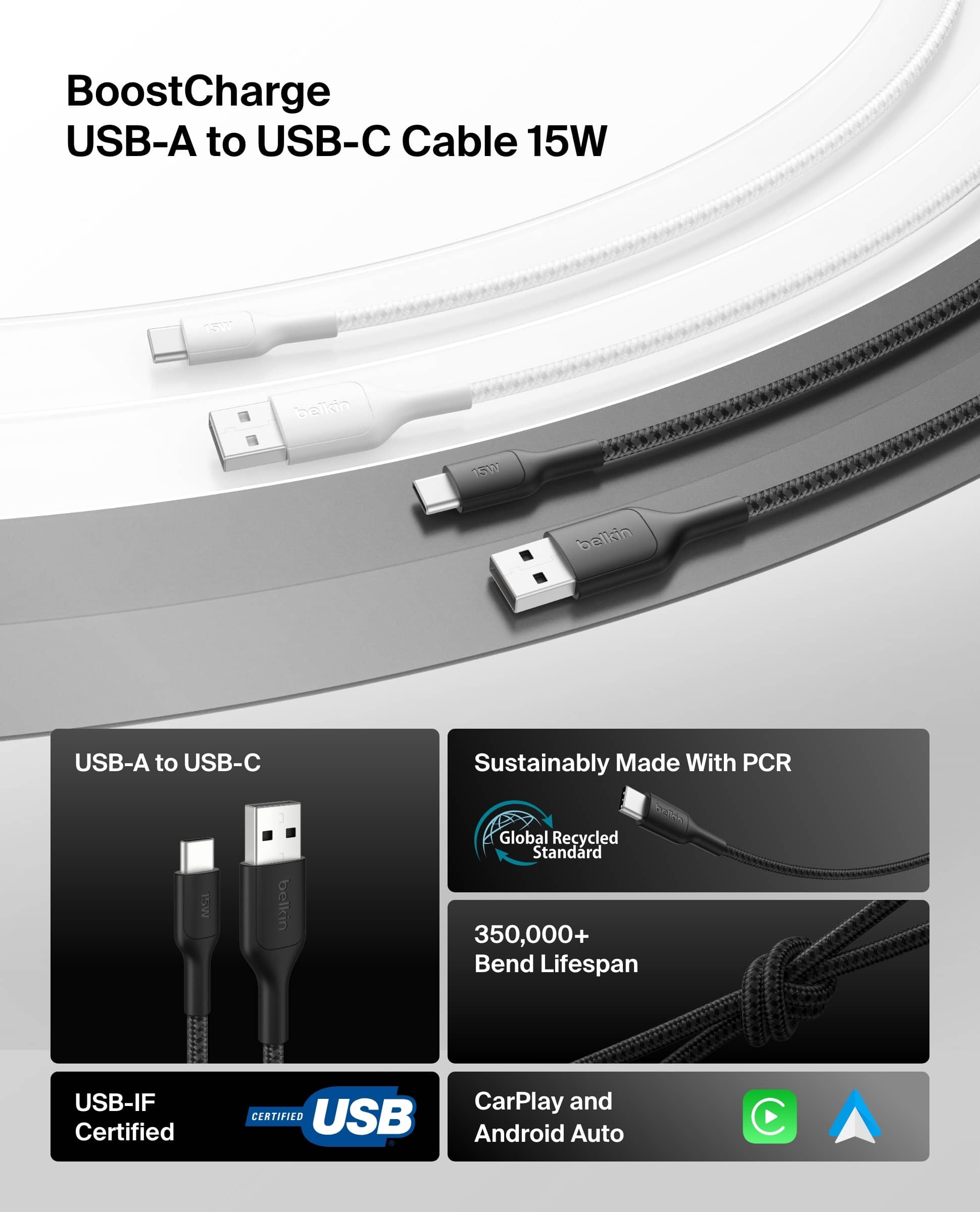 BoostCharge USB-A to USB-C Cable 15W:
* Sustainably Made With PCR
* 15W Belkin Global Recycled Standard
* 350,000+ Bend Lifespan
* USB-IF Certified
* USB CarPlay and Android Auto