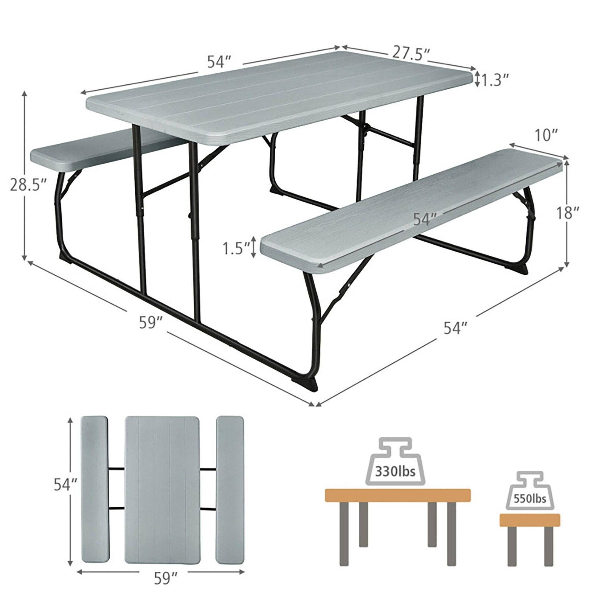 54" x 27.5" (tabletop)  
1.3" (tabletop thickness)  
10" x 18" (bench)  
28.5" (bench height)  
1.5" (leg height)  
59" (overall length)  
54" (overall width)  
330lbs (table weight capacity)  
550lbs (bench weight capacity)