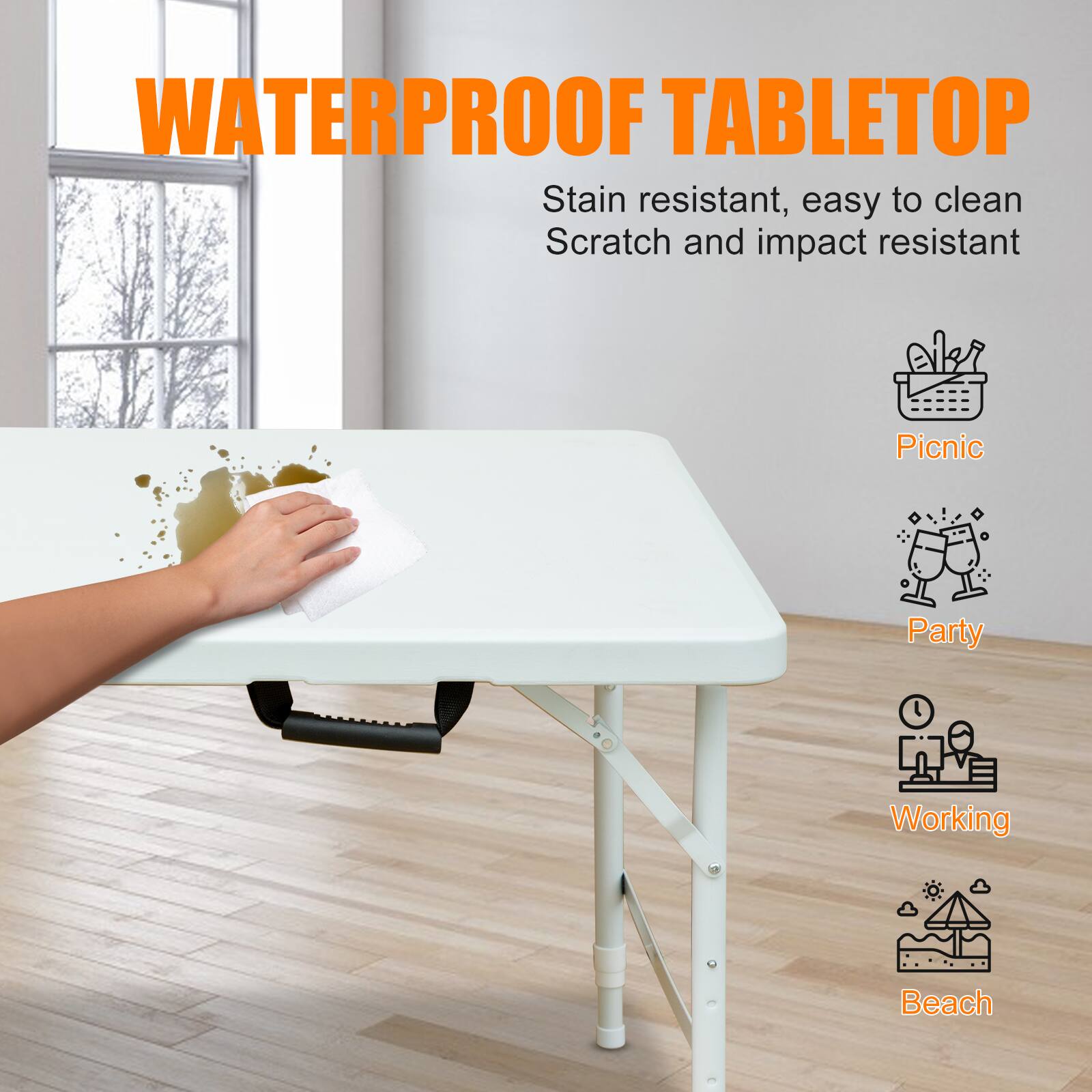 WATERPROOF TABLETOP

Stain resistant, easy to clean  
Scratch and impact resistant

- Picnic
- Party
- Working
- Beach