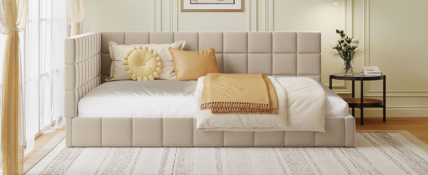 Alt View 7. Tiramisubest - Full Size Upholstered Daybed/Sofa Bed Frame-Beige, Velvet - Beige.