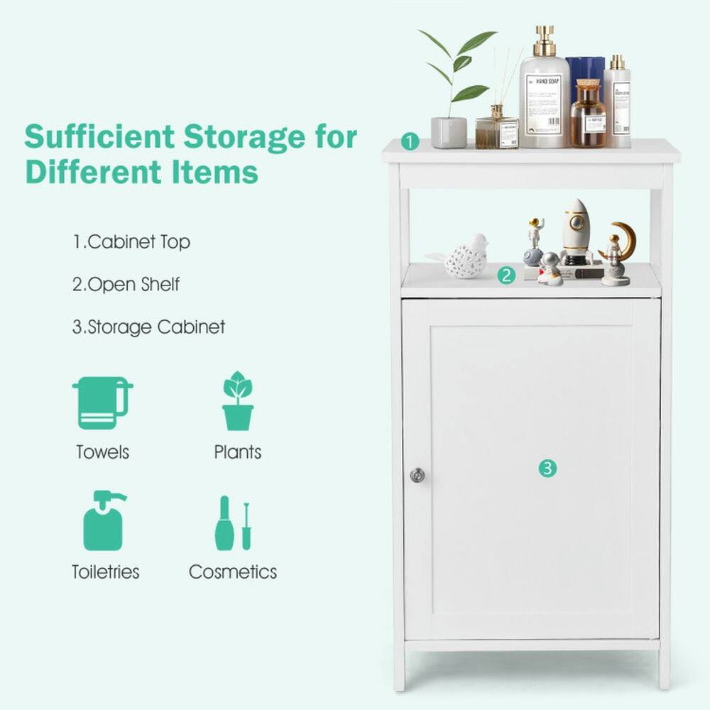Sufficient Storage for Different Items

1. Cabinet Top
2. Open Shelf
3. Storage Cabinet

- Towels
- Plants
- Toiletries
- Cosmetics