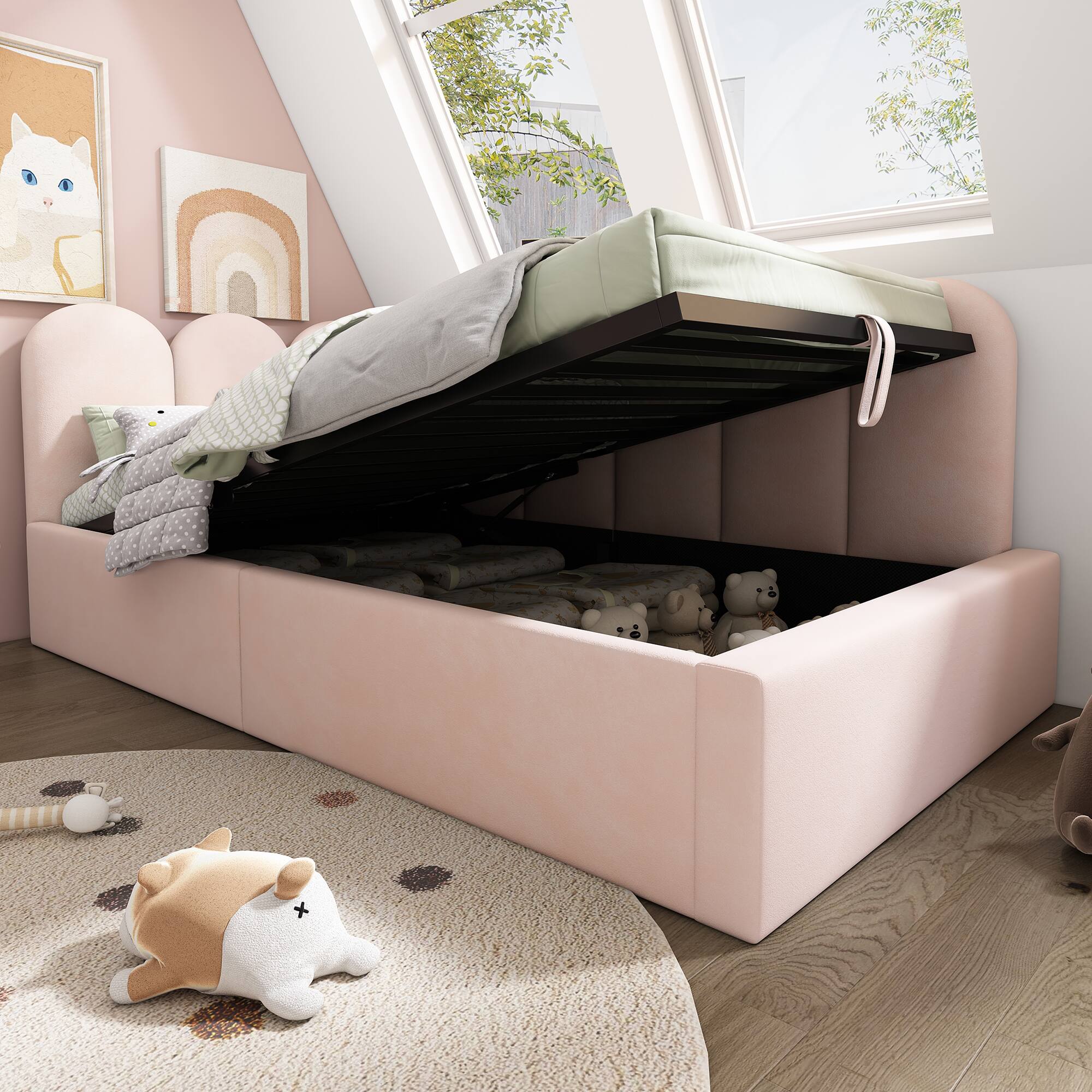 Alt View 2. Anysun - Upholstered Daybed w/ Ottoman Storage, Twin Sofa Bed, Hydraulic Storage Frame, Metal Slatted, Velvet - Pink.