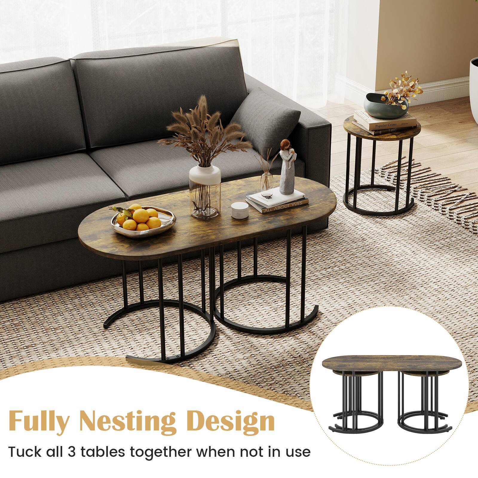 Fully Nesting Design  
Tuck all 3 tables together when not in use