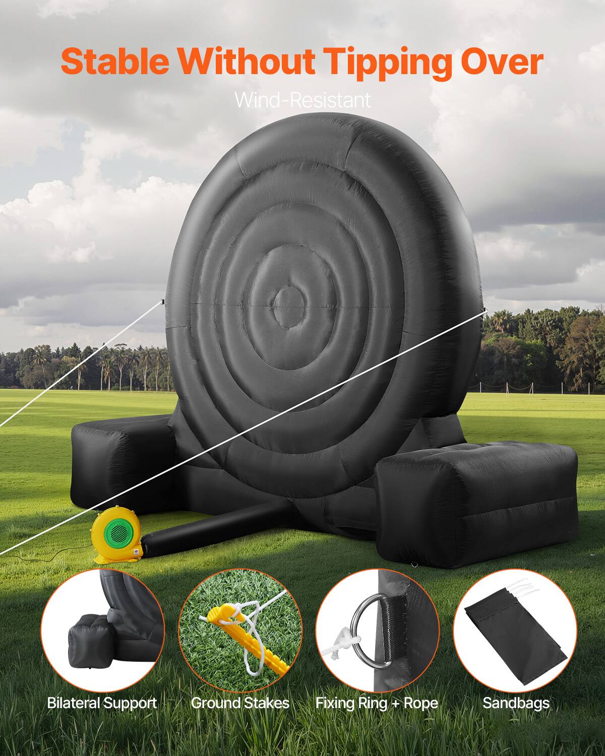 Stable Without Tipping Over  
Wind-Resistant  

Bilateral Support  
Ground Stakes  
Fixing Ring + Rope  
Sandbags