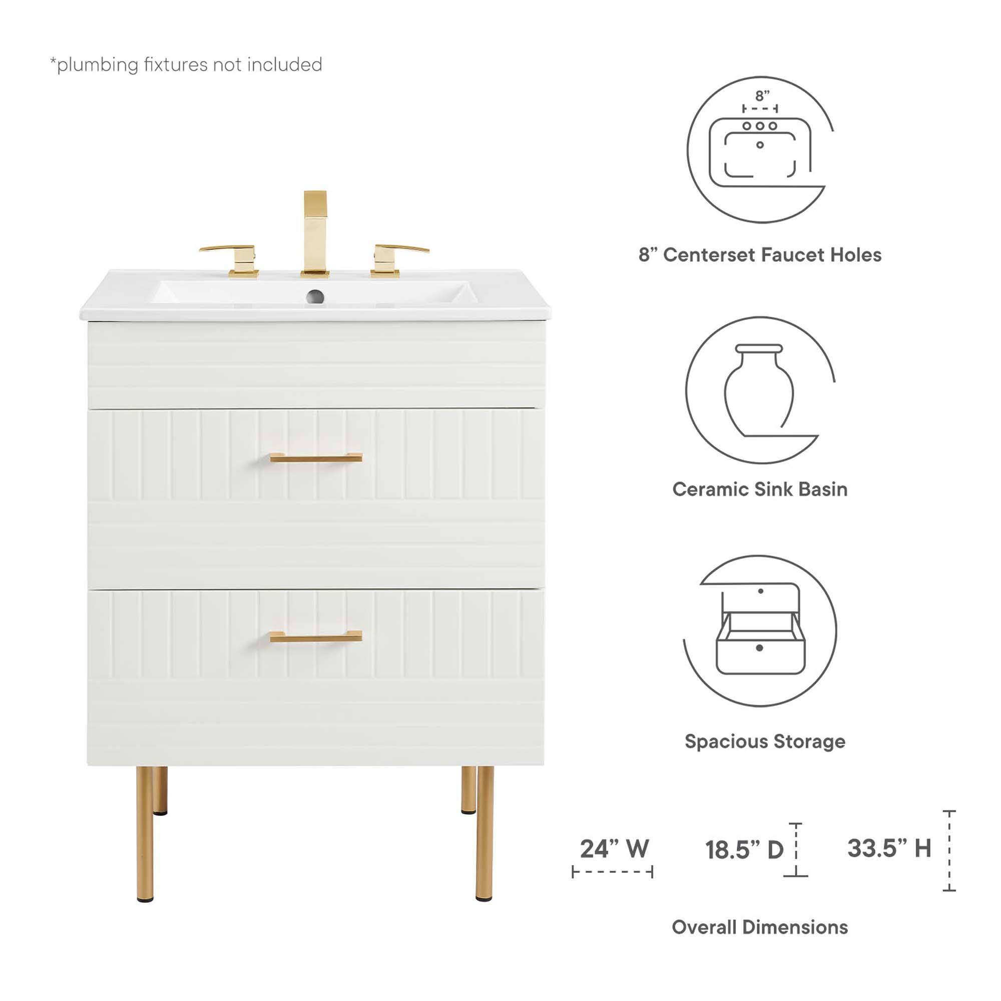 *plumbing fixtures not included

8" Centerset Faucet Holes

Ceramic Sink Basin

Spacious Storage

24" W x 18.5" D x 33.5" H Overall Dimensions