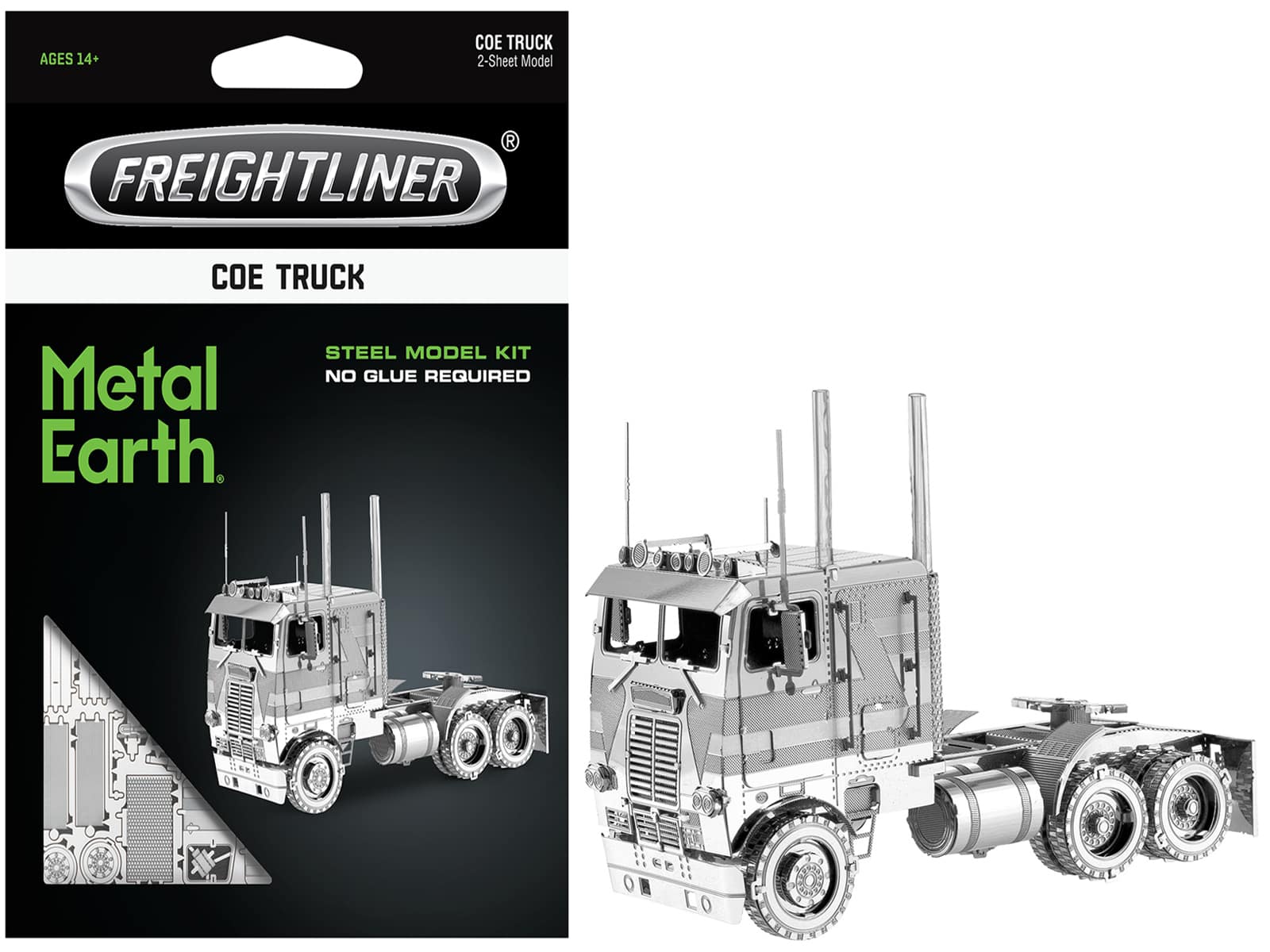 AGES 14+  
FREIGHTLINER  
COE TRUCK  
2-Sheet Model  

Metal Earth  
STEEL MODEL KIT  
NO GLUE REQUIRED