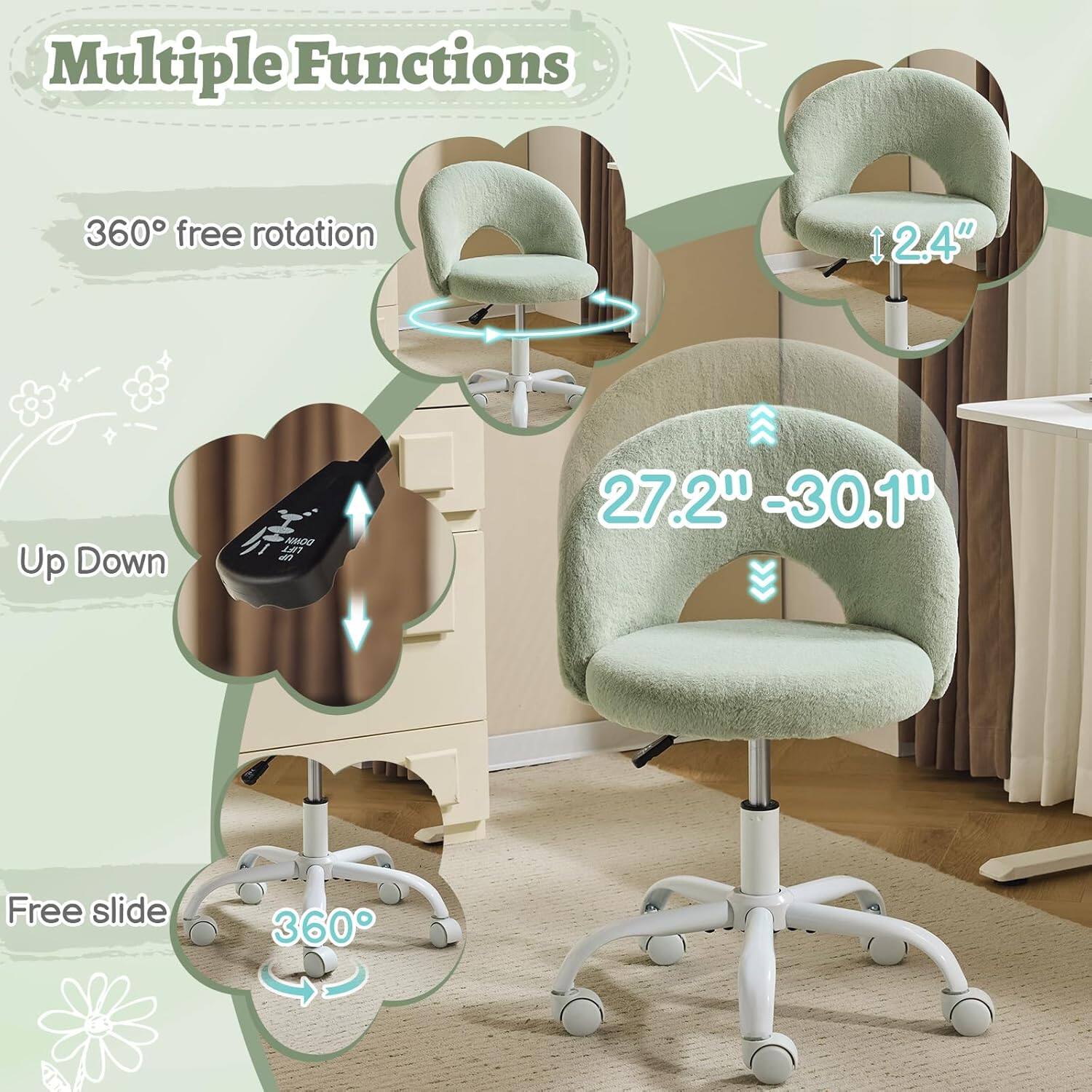 Multiple Functions  
360° free rotation  
2.4" Up Down  
27.2" - 30.1" Free slide  
360°
