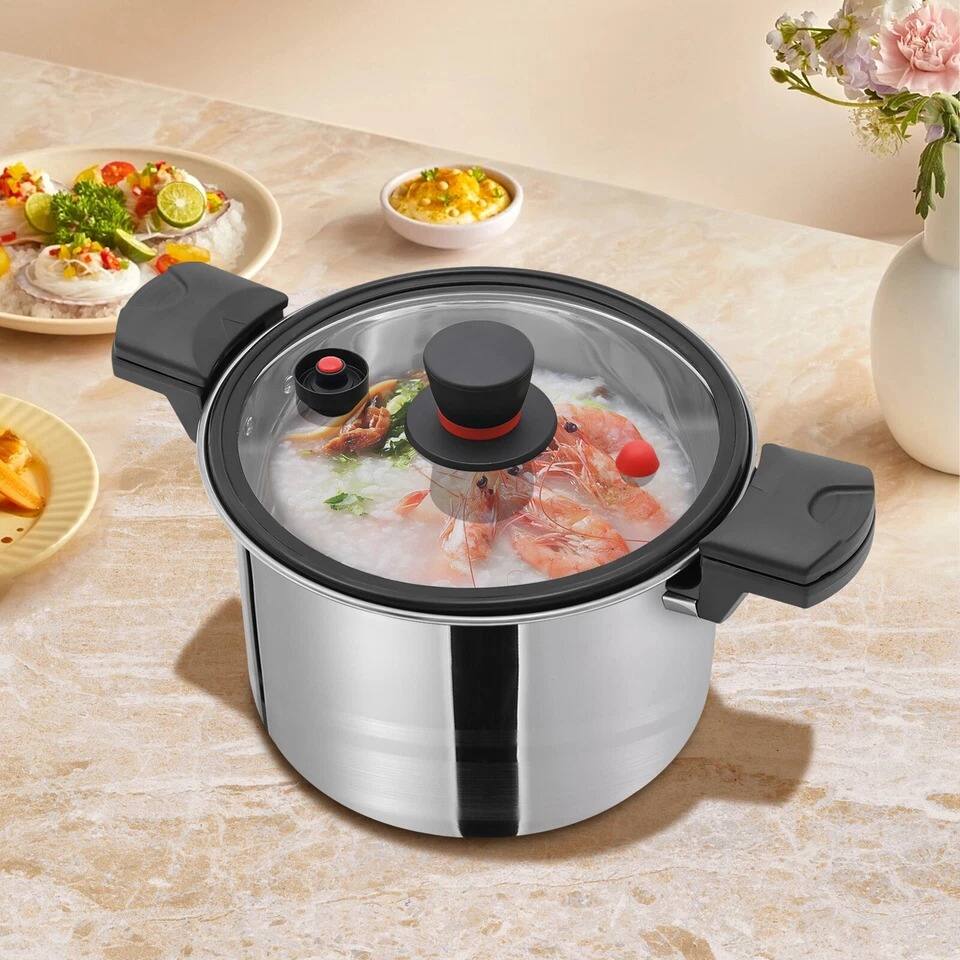 Left. Home Collection - 201 Stainless Steel 7.4Qt Pressure Cooker Pot with Glass Lid, 60Kpa Micro Pressure, Induction Compatible - White.