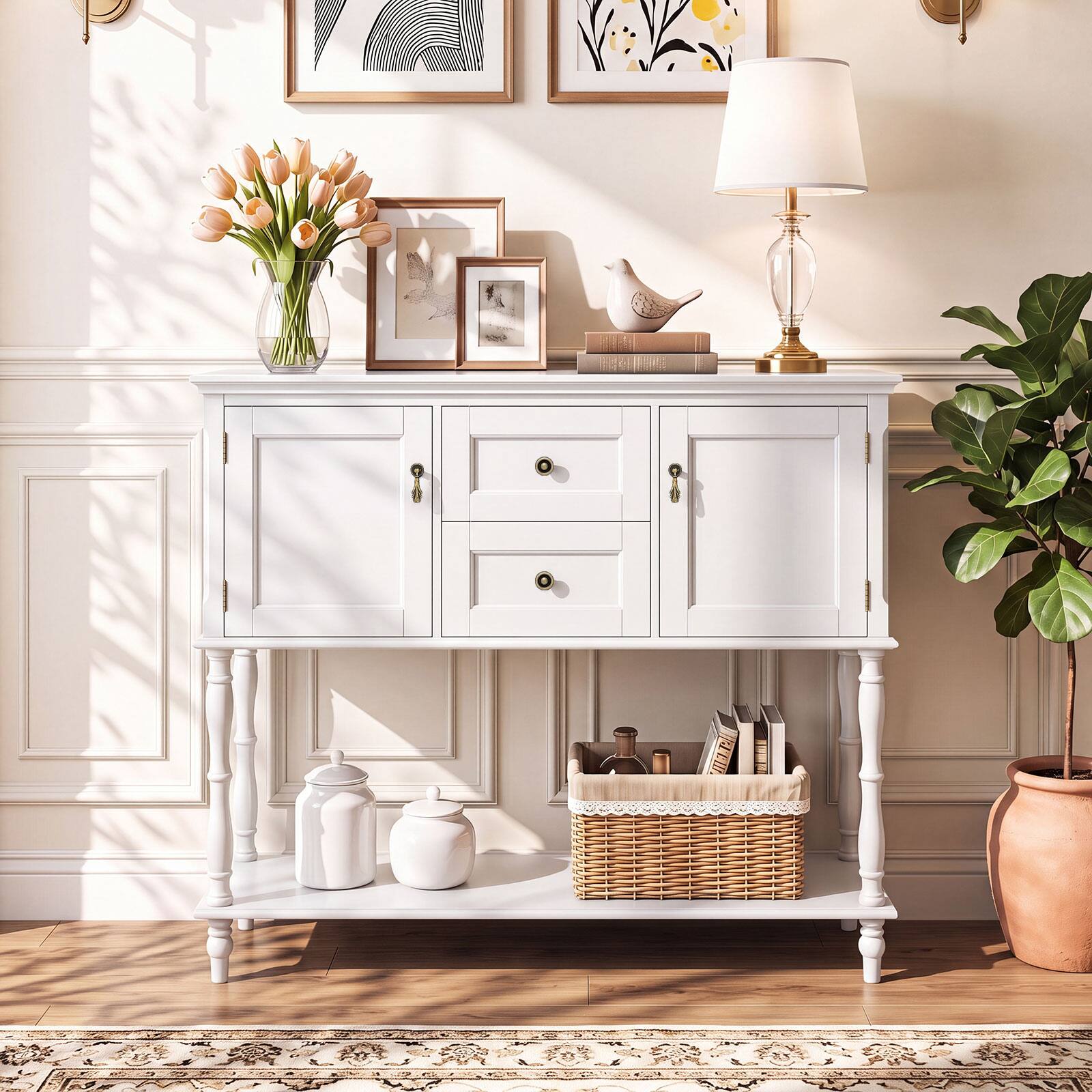 Alt View 3. Costway - Costway Console Table with 2 Drawers & 2 Door Cabinets, Open Storage Shelf for Living Room - White.