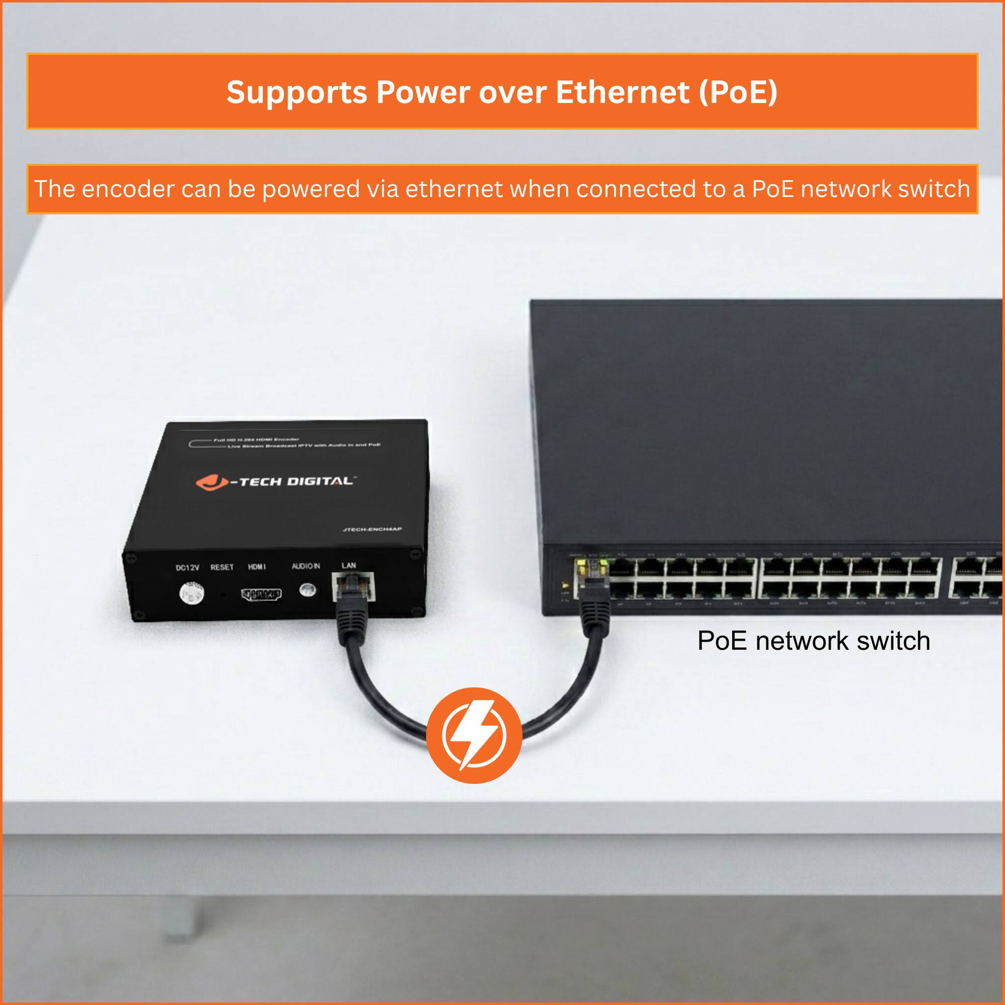 Supports Power over Ethernet (PoE)

The encoder can be powered via ethernet when connected to a PoE network switch.

PoE network switch