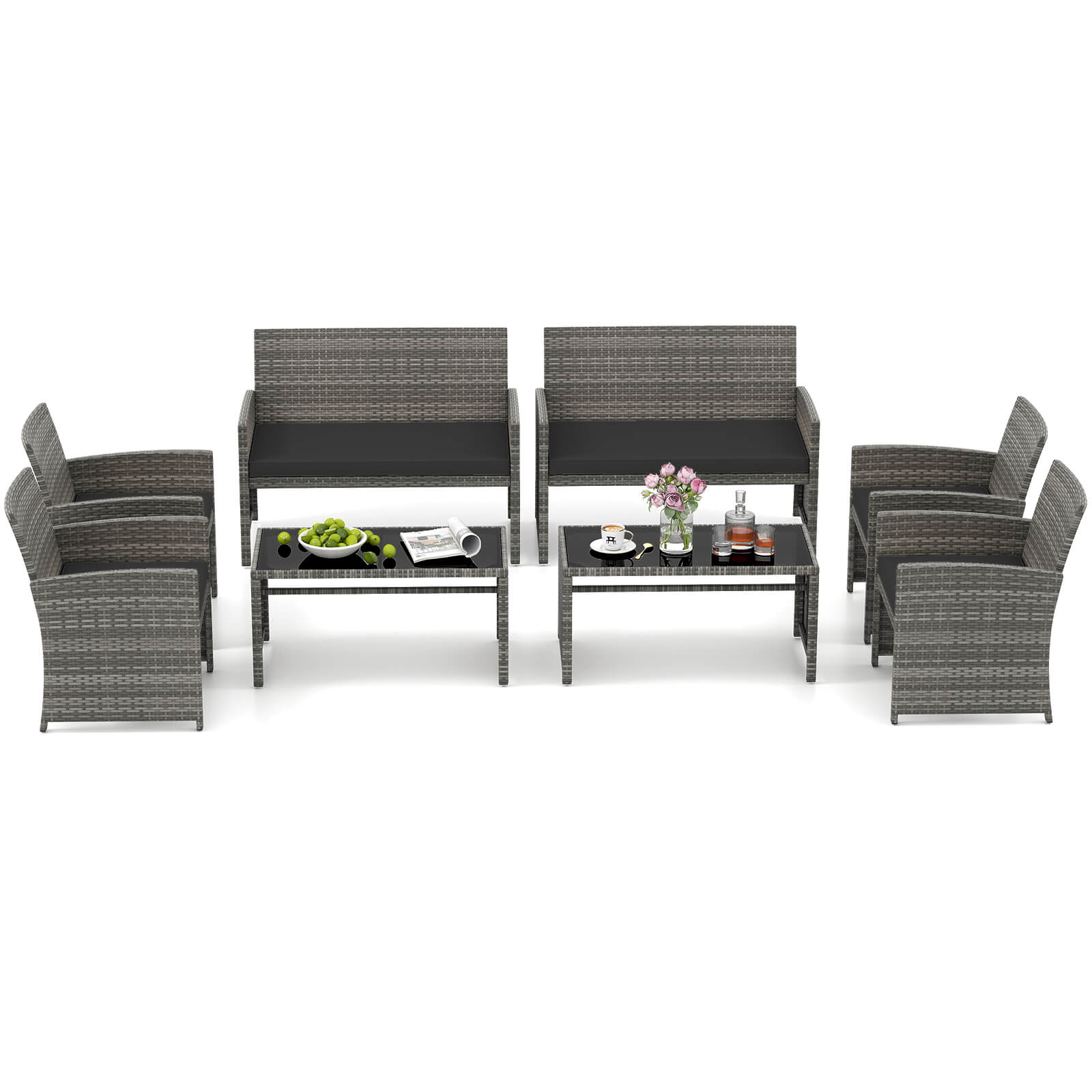 Costway - 8 PCS Patio Conversation Set with Seat Cushions & Tempered Glass Tabletop, Outdoor - Black,Gray price history on PriceWatchPro